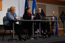 From the left, Summer Jones, assistant deputy administrator for production modernization program; Dr. Njema Frazier, assistant deputy administrator for strategic partnership programs; and Brooke Samples, senior policy advisor of the Office of Defense programs; speak during a National Nuclear Security Administration panel March 10, 2022, at Malmstrom Air Force Base, Mont.