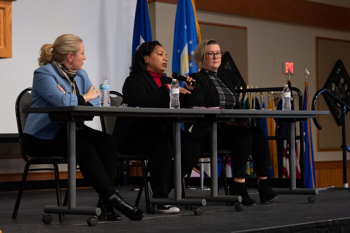 From the left, Summer Jones, assistant deputy administrator for production modernization program; Dr. Njema Frazier, assistant deputy administrator for strategic partnership programs; and Brooke Samples, senior policy advisor of the Office of Defense programs; speak during a National Nuclear Security Administration panel March 10, 2022, at Malmstrom Air Force Base, Mont.