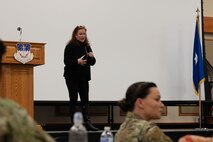 Allison McQueen, director of Headquarters Air Force manpower, personnel and services, conveys the importance of being authentic as a leader March 11, 2022, at Malmstrom Air Force Base, Mont.