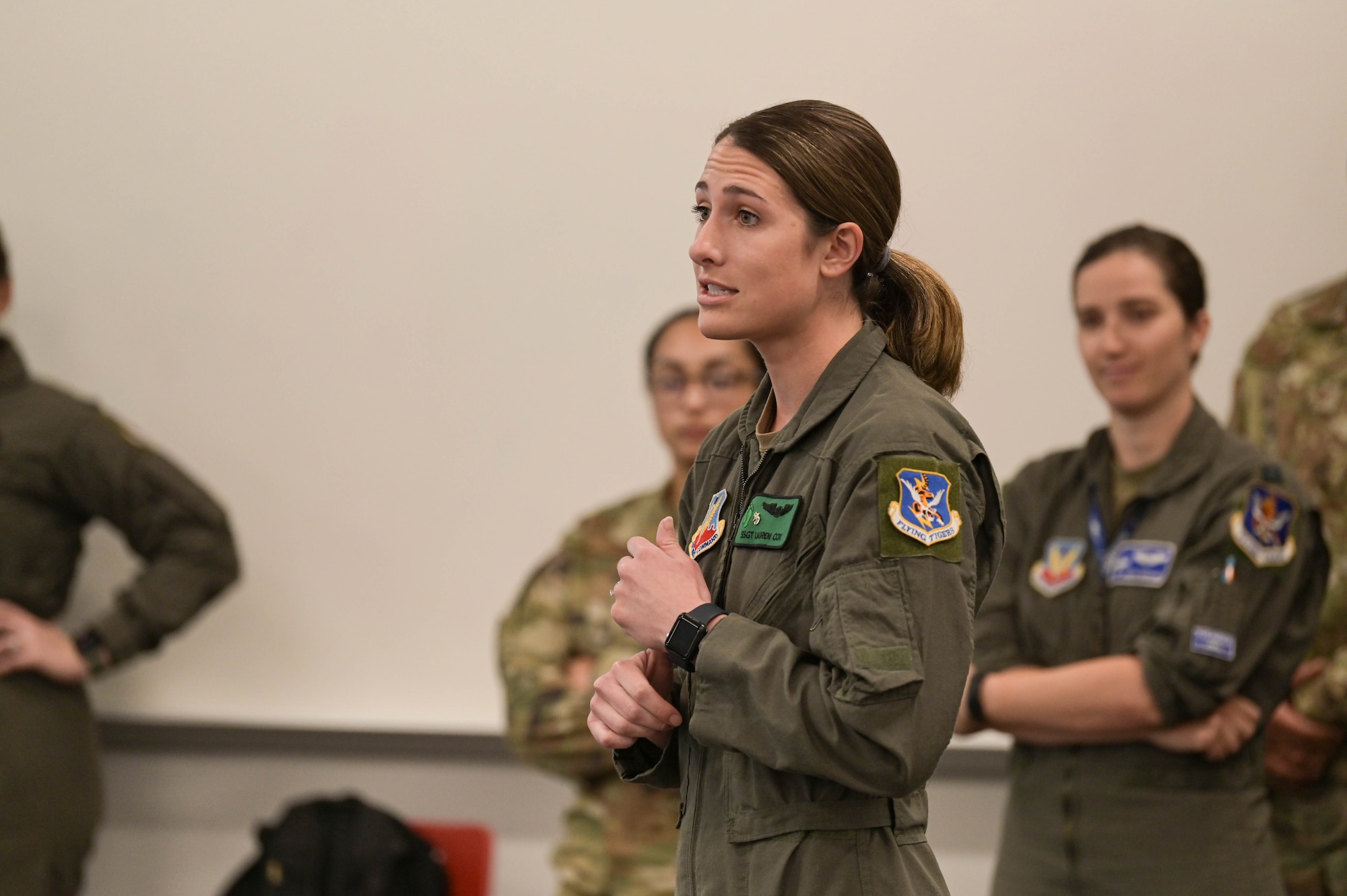 U.S. Air Force Staff Sgt. Lauren Kelly, 41st Rescue Squadron HH-60W Jolly Green II special mission aviator, talks to youth about what it’s like to be a woman in the military, March 10, 2022, at Lowndes High School, Valdosta, Georgia. Some students haven’t had any exposure to the military and had never met service members with such different jobs. (U.S. Air Force photo by Senior Airman Rebeckah Medeiros)