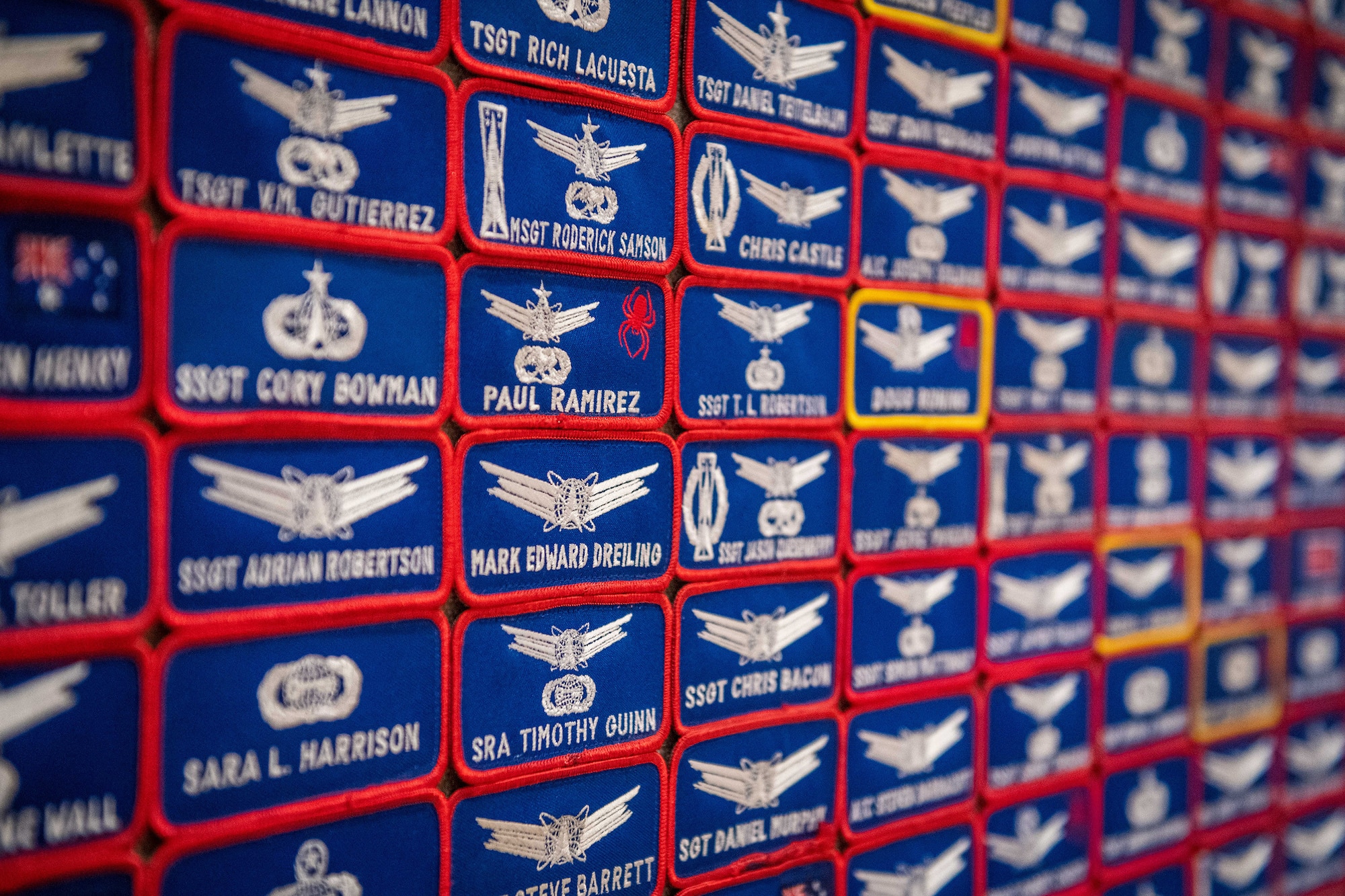 A board of patches representing the current and prior members of the 460th Operations Support Squadron stands at the 460th OSS inactivation ceremony March 11, 2022, at the Leadership Development Center on Buckley Space Force Base, Colo.