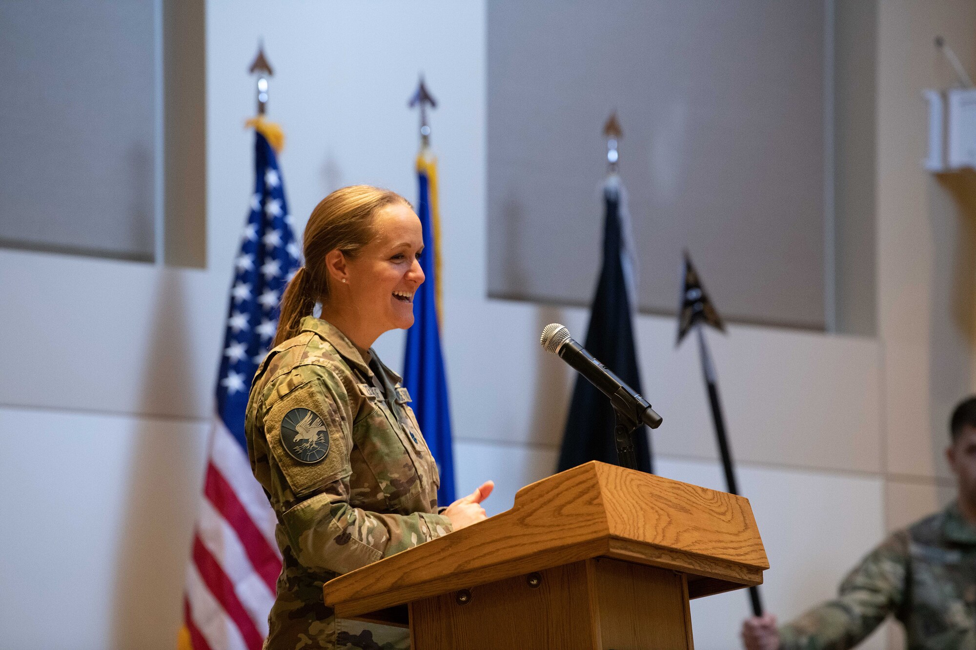 U.S. Space Force Lt. Col. Carrie Zederkof, the Space Delta 4 S-Staff director, addresses the audience after assuming responsibility of DEL 4 S-Staff March 11, 2022, at the Leadership Development Center on Buckley Space Force Base, Colo.