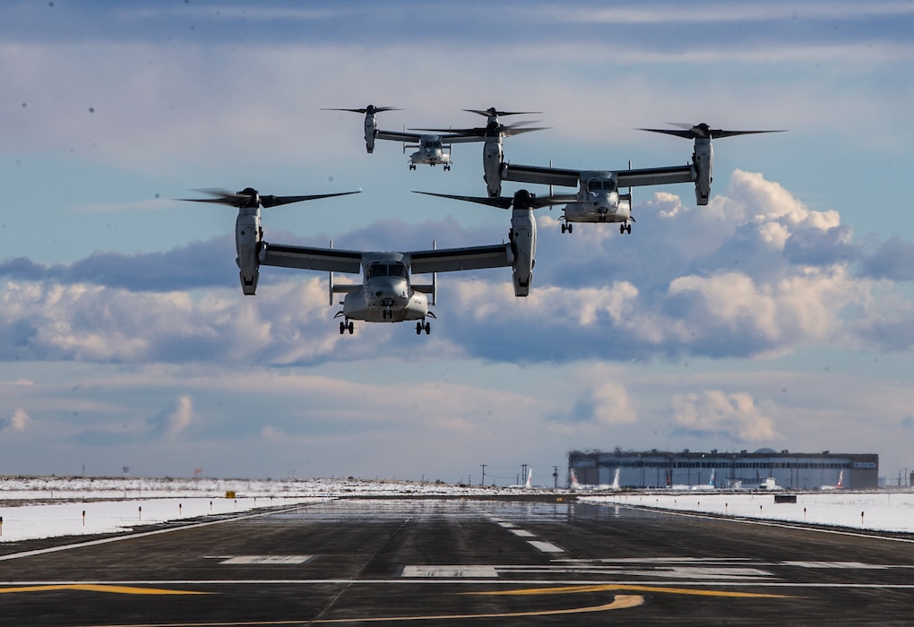 U.S. Marines from 1st Battalion, 4th Marine Regiment, 1st Marine Division, arrive in MV-22B Ospreys from Marine Medium Tiltrotor Squadron 163, Marine Aircraft Group 16, 3rd Marine Aircraft Wing, to post security during Winter Fury 22 at Grant County Municipal Airport, Moses Lake, Washington, Jan. 31, 2022. Setting a security perimeter is a key component of expeditionary advanced base operations as it allows the Marine Corps to conduct ground, fueling, arming, and landing operations in a secured environment. Winter Fury 22 trains the Marines of 3rd Marine Aircraft Wing for a highly contested environment, assess the training and equipment as a naval expeditionary force-in-readiness, and ability to operate inside actively contested maritime spaces in support of fleet operations. (U.S. Marine Corps photo by Cpl. Rachaelanne Woodward)
