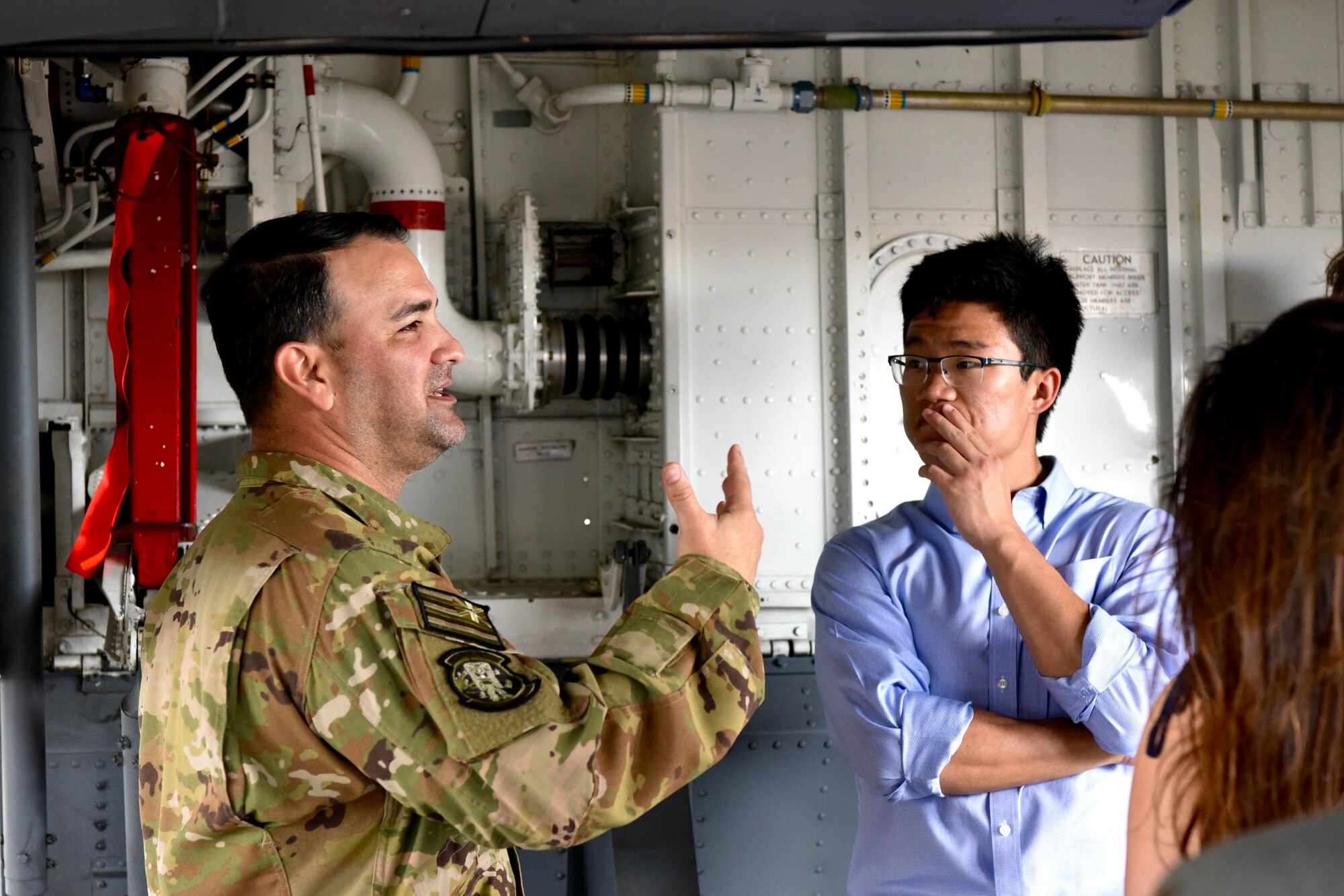 Tech. Sgt. Anthony Victorino, 203rd Air Refueling Squadron boom operator, talks about the KC-135 Stratotanker’s capabilities with students from the Duke University Grand American Strategy Program during a base visit at Joint Base Pearl Harbor-Hickam, Hawaii, March 10, 2022. Students had the opportunity to tour a C-17, a KC-135, and an F-22 static while touring JBPHH to learn more about its role in the Indo-Pacific.
(U.S. Air Force photo by 1st Lt. Benjamin Aronson)