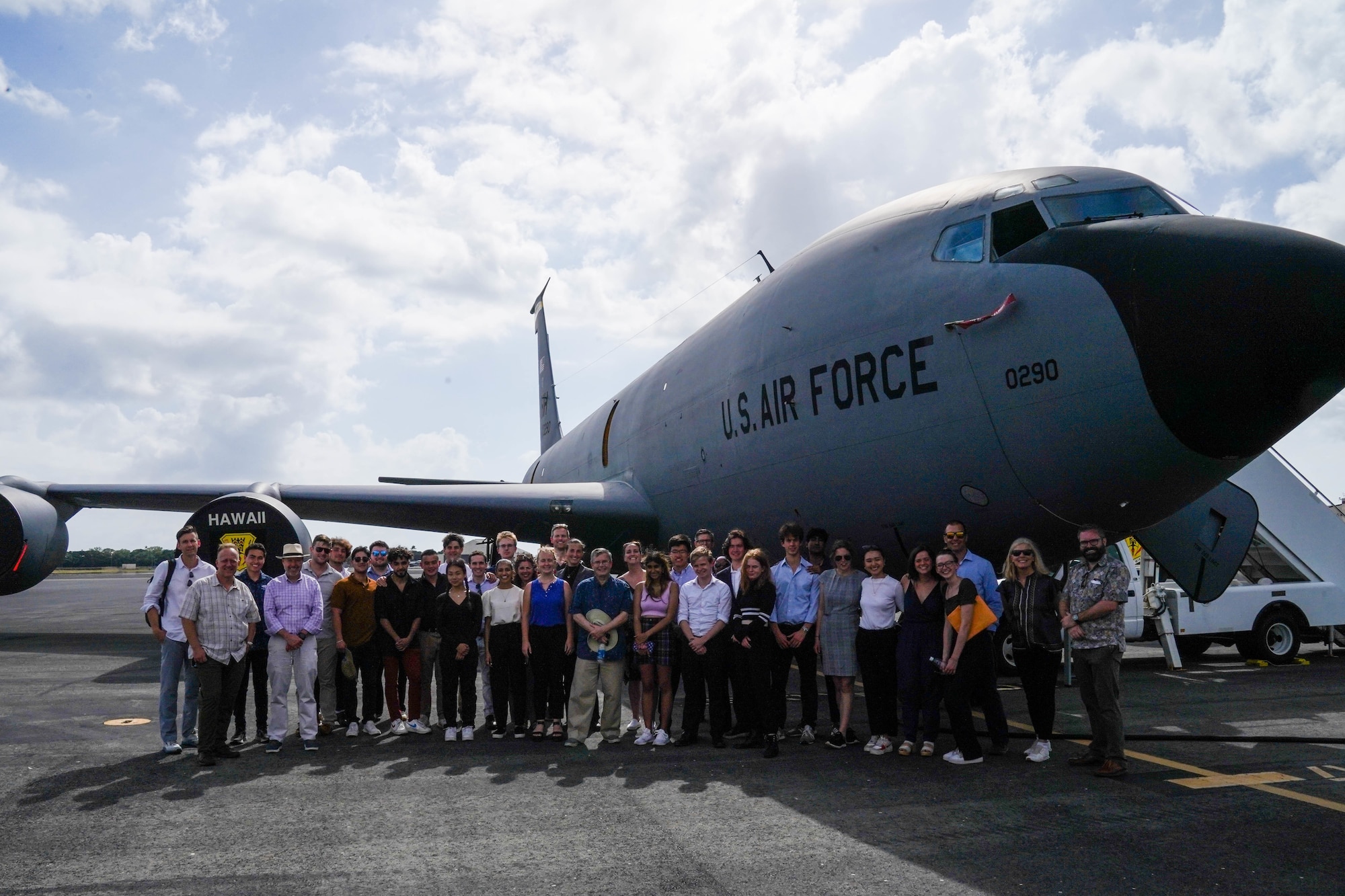 Tech. Sgt. Anthony Victorino, 203rd Air Refueling Squadron boom operator, talks with students from the Duke University Grand American Strategy Program talk during a base tour at Joint Base Pearl Harbor-Hickam, Hawaii, March 10, 2022. The group had the opportunity to visit with Airmen from different career fields and learn the role JBPHH Airmen have in the Indo-Pacific Theater. (U.S. Air Force photo by Airman 1st Class Makensie Cooper)