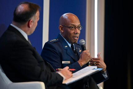 Air Force Chief of Staff Gen. CQ Brown, Jr. makes remarks during the 2022 Association of Defense Communities National Summit in Arlington, Va., March 8, 2022. Brown spoke about priorities and challenges for the Air Force and the importance of communities. (U.S. Air Force photo by Eric Dietrich)
