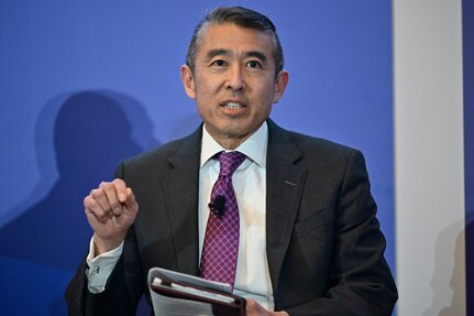 Edwin Oshiba, acting secretary of the Air Force for energy, installations, and environment, speaks during a panel discussion for the 2022 Association of Defense Communities National Summit in Arlington, Va., March 8, 2022. Oshiba spoke about the priorities and challenges for Air Force installations. (U.S. Air Force photo by Eric Dietrich)
