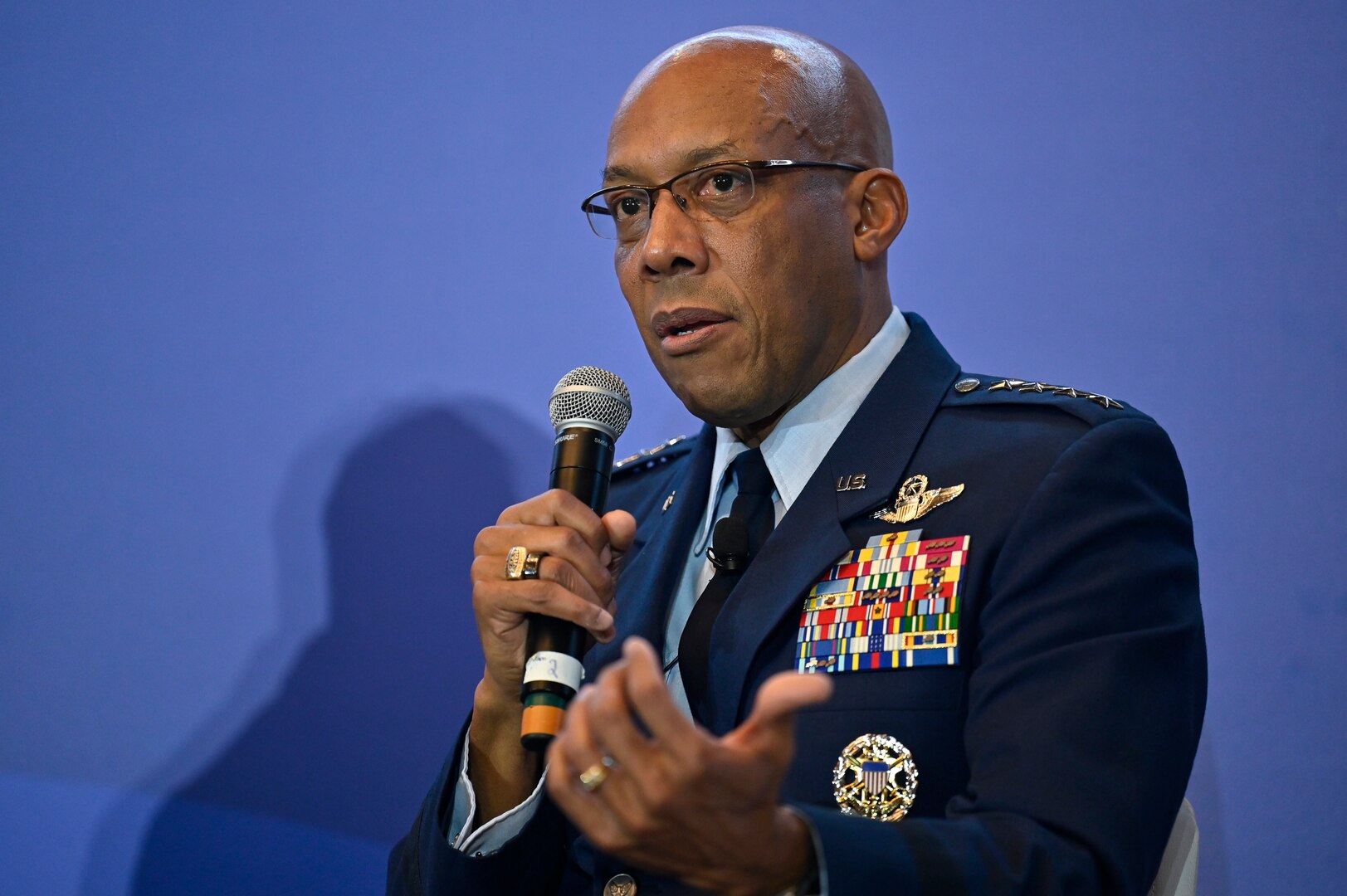 Air Force Chief of Staff Gen. CQ Brown, Jr. makes remarks during the 2022 Association of Defense Communities National Summit in Arlington, Va., March 8, 2022. Brown spoke about priorities and challenges for the Air Force and the importance of community support. (U.S. Air Force photo by Eric Dietrich)