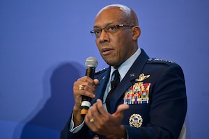Air Force Chief of Staff Gen. CQ Brown, Jr. makes remarks during the 2022 Association of Defense Communities National Summit in Arlington, Va., March 8, 2022. Brown spoke about priorities and challenges for the Air Force and the importance of community support. (U.S. Air Force photo by Eric Dietrich)
