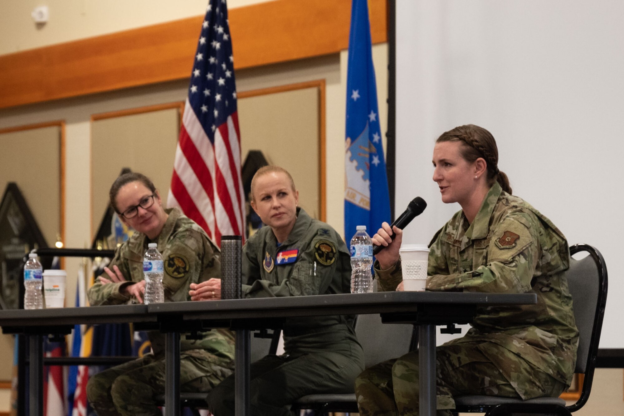 From the left Brig. Gen. Stacy Jo Huser, principal assistant deputy administrator for military application; Col. Anita Feugate Opperman, 341st Missile Wing commander; and Lt. Col. Corrie Pecoraro, 341st Force Support Squadron commander, share their experiences and answer audience questions during a Women’s History Month Symposium leadership panel March 11, 2022, at Malmstrom Air Force Base, Mont.