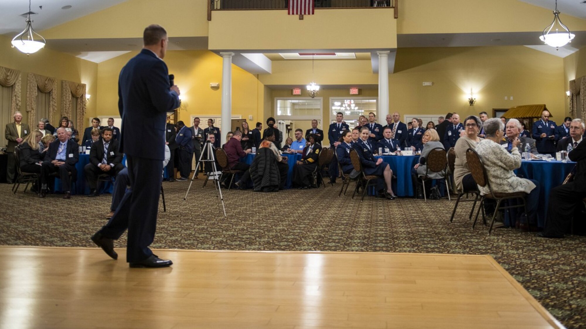 Col. Matt Husemann, 436th Airlift Wing commander, speaks to the Central Delaware Chamber of Commerce’s Military Affairs Committee (CDCC MAC) during The Military Affaire in Dover, Delaware, March 10, 2022. The CDCC MAC was awarded the Abilene Trophy as a way to feature the outstanding support they provide Airmen, their families and the combat airlift mission. The Abilene Trophy was established in 1999 to recognize the community that best supports an Air Mobility Command base each calendar year. The CDCC MAC has won the trophy five times. (U.S. Air Force photo by Tech. Sgt. J.D. Strong II)