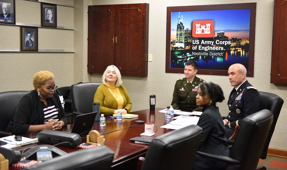 Eulanda Scott-Shingleton welcomes participants to the Small Business Industry Day virtual event. (Pictured from left to right) Eulanda Scott-Shingleton, Eulanda Scott-Shingleton, chief, Small Business Office, U.S. Army Corps of Engineers, Nashville District; Steph Hall, deputy district engineer, U.S. Army Corps of Engineers, Nashville District; LTC. Joseph Sahl, commander, U.S. Army Corps of Engineers, Nashville District; COL. Sebastien Joly, commander, U.S. Army Engineering and Support Center, Huntsville; and Brandi Dennis, deputy director, Installation Support and Programs Management, Huntsville (USACE Photo by HEATHER KING)