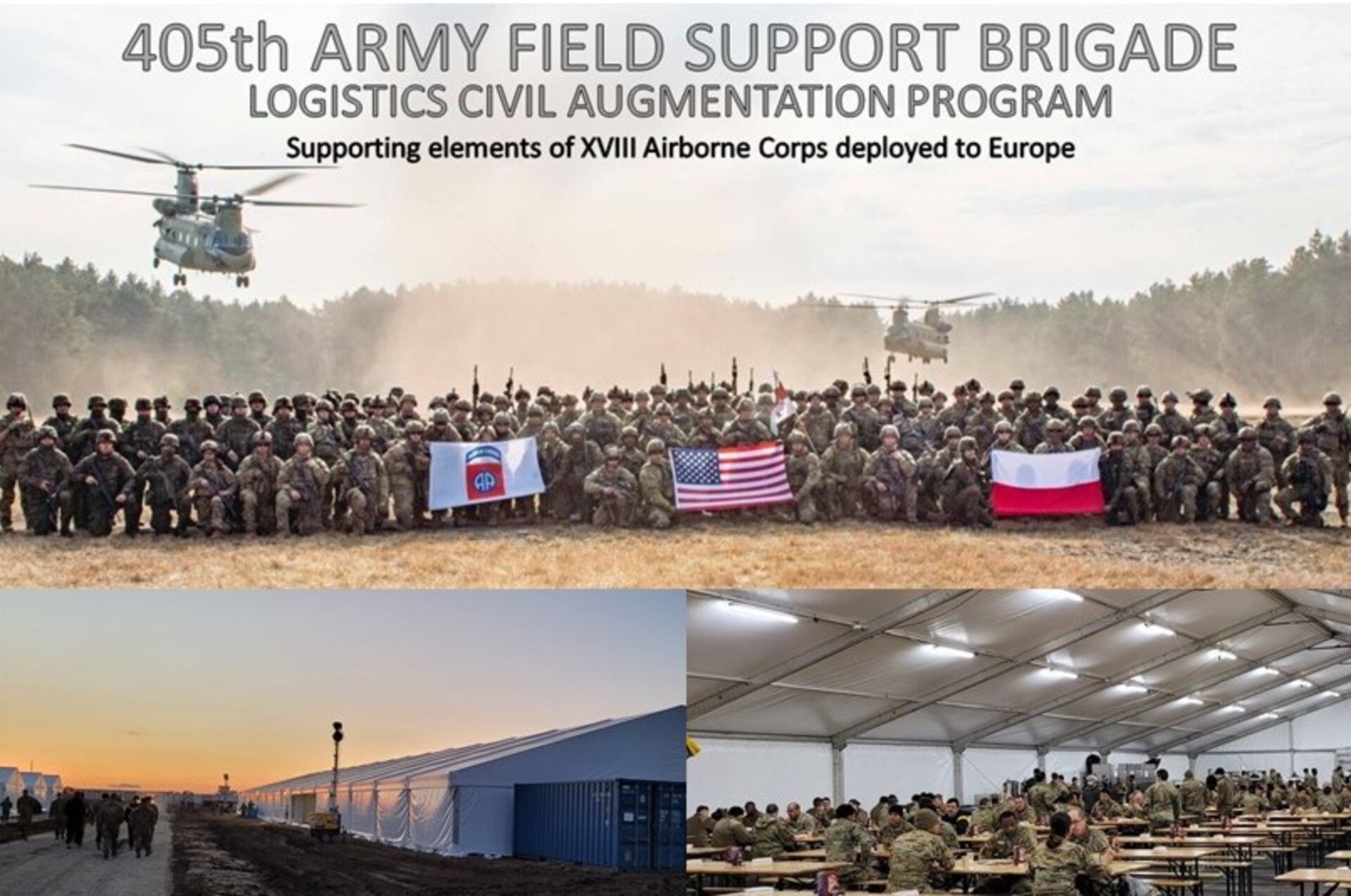 Paratroopers assigned to 3rd Brigade Combat Team, 82nd Airborne Division, and Polish soldiers pose for a group photo in Poland, March 3. Using its Logistics Civil Augmentation Program, the 405th Army Field Support Brigade has established life support operations for thousands of U.S.-based Soldiers deployed to Europe, including elements of the XVIII Airborne Corps in Mielec and Zamość, Poland. (U.S. Marine Corps photo by Sgt. Claudia Nix)