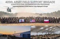 Paratroopers assigned to 3rd Brigade Combat Team, 82nd Airborne Division, and Polish soldiers pose for a group photo in Poland, March 3. Using its Logistics Civil Augmentation Program, the 405th Army Field Support Brigade has established life support operations for thousands of U.S.-based Soldiers deployed to Europe, including elements of the XVIII Airborne Corps in Mielec and Zamość, Poland. (U.S. Marine Corps photo by Sgt. Claudia Nix)