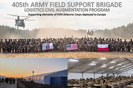 Paratroopers assigned to 3rd Brigade Combat Team, 82nd Airborne Division, and Polish soldiers pose for a group photo in Poland, March 3. Using its Logistics Civil Augmentation Program, the 405th Army Field Support Brigade has established life support operations for thousands of U.S.-based Soldiers deployed to Europe, including elements of the XVIII Airborne Corps in Mielec and Zamość, Poland. (U.S. Marine Corps photo by Sgt. Claudia Nix)