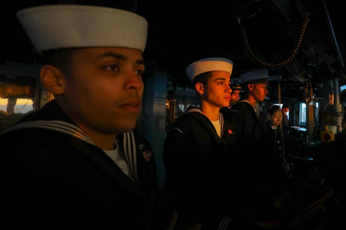 220312-N-EM691-1001 ROTTERDAM, Netherlands (March 12, 2022) Sailors, assigned to the Arleigh Burke-class guided-missile destroyer USS The Sullivans (DDG 68), stand bridge watch prior to arriving in Rotterdam, Netherlands for a scheduled port visit, March 12, 2022. The Sullivans is operating in the European theater of operations and participating in a range of maritime activities in support of U.S. Sixth Fleet and NATO Allies.