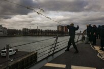 220312-N-HK187-1006 ROTTERDAM, Netherlands (March 12, 2022) Sailors, assigned to the Arleigh Burke-class guided-missile destroyer USS The Sullivans (DDG 68) moor the ship upon arrival to Rotterdam, Netherlands for a scheduled port visit, March 12, 2022. The Sullivans is operating in the European theater of operations and participating in a range of maritime activities in support of U.S. Sixth Fleet and NATO Allies.