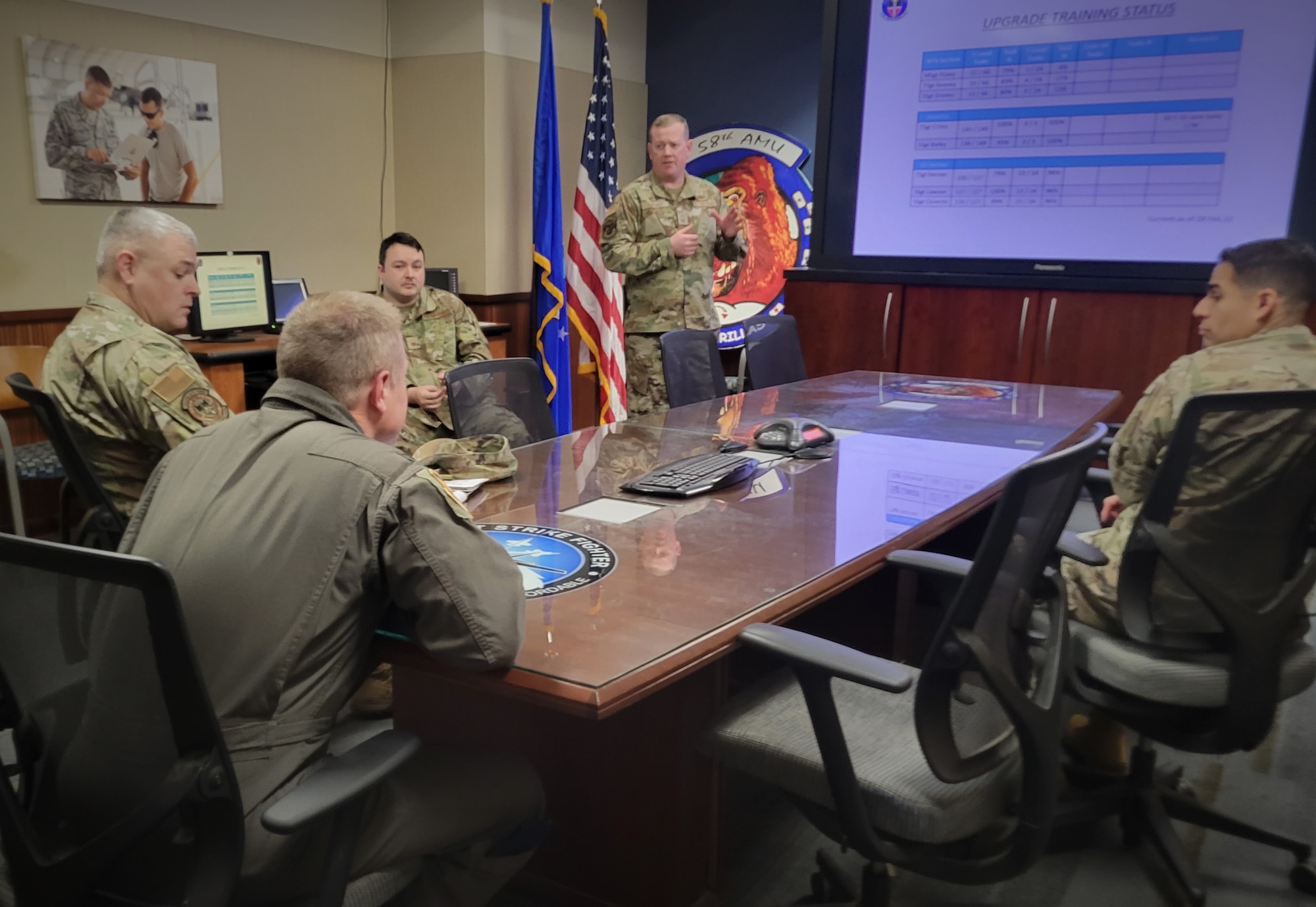 (center) 44th Fighter Group Maintenance Squadron Aircraft Section Chief Senior Master Sgt. Kyle Umphrey briefs (lower left) 301st Fighter Wing Commander Col. Allen Duckworth and (left) Chief Master Sgt. John Candey, 301 FW Maintenance Group superintendent on 44 FG maintainer training status and training opportunities during their visit to Eglin Air Force Base, Fla., March 4. Umphrey is also the 44 FG’s F-35 cadre lead. He and his team will use lessons learned when the group heads back to Tyndall AFB, Fla., to support the newest fifth-generation aircraft. (U.S. Air Force photo by Master Sgt. Jeremy Roman)
