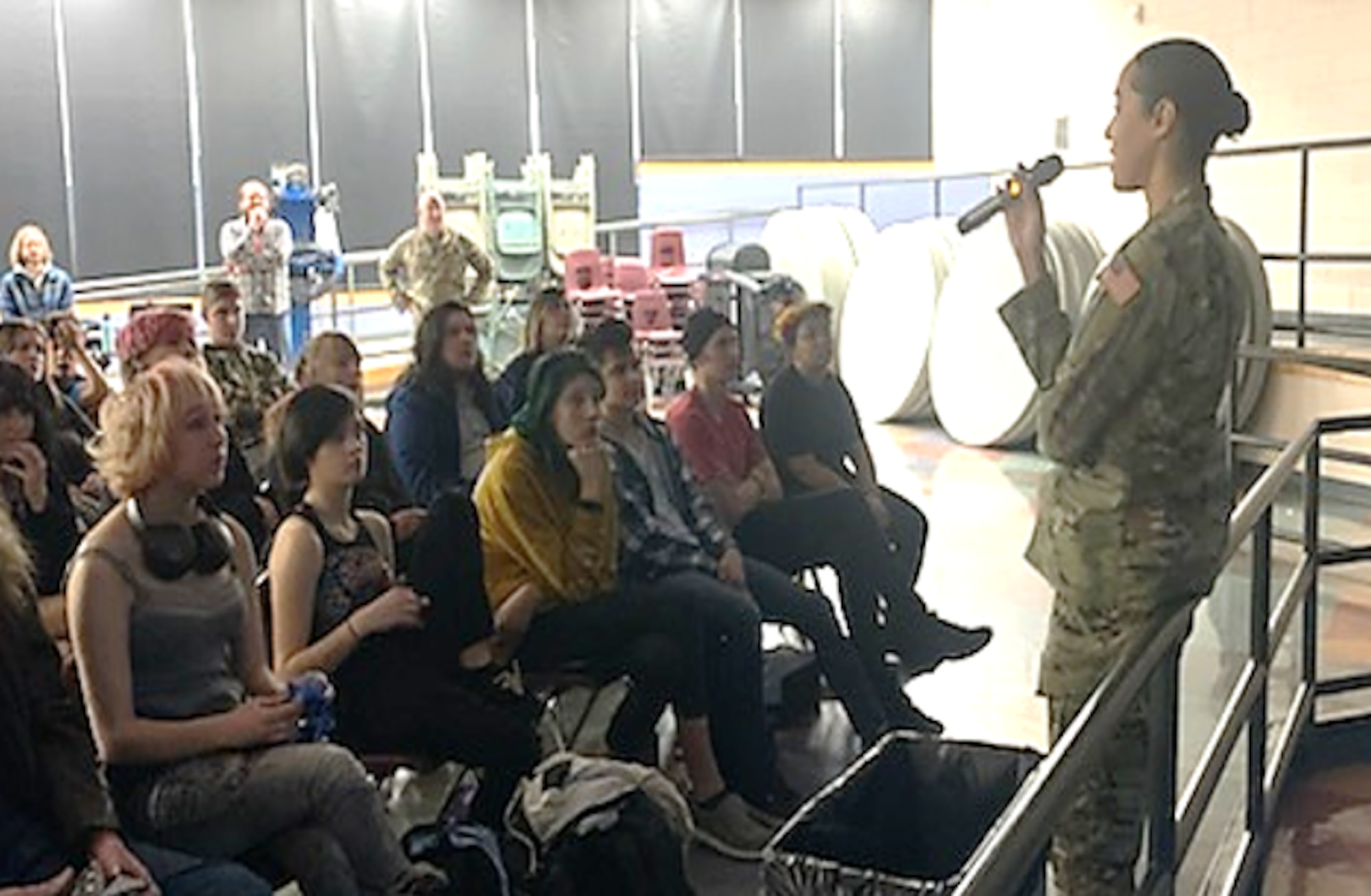 Space Force Captain Yulonda McGee talks with students from the Cripple Creek Victor School district during a recent education outreach event