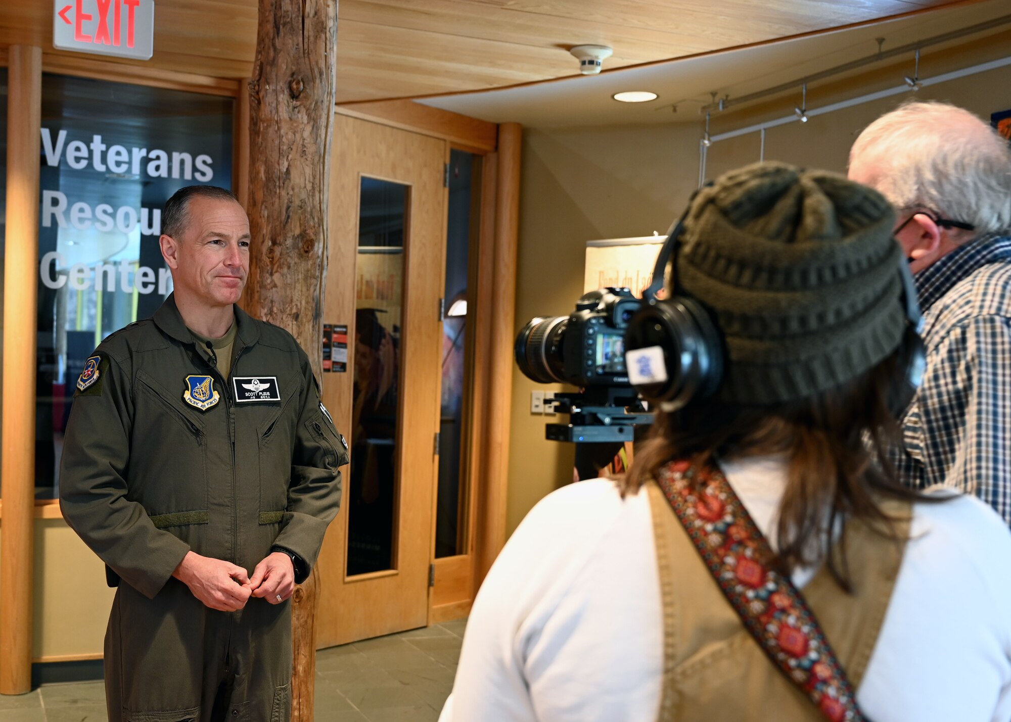 Lt. Gen. Scott L. Pleus, Seventh Air Force commander, is interviewed by a student at the Fond Du Lac Tribal and Community College in Cloquet, Minn., March 9, 2022. Pleus visited the school and talked about the importance of diversity in the Air Force and how every Airman brings unique perspectives that help accomplish the mission. (U.S. Air Force photo by Tech. Sgt. Jessica Kind/Released)