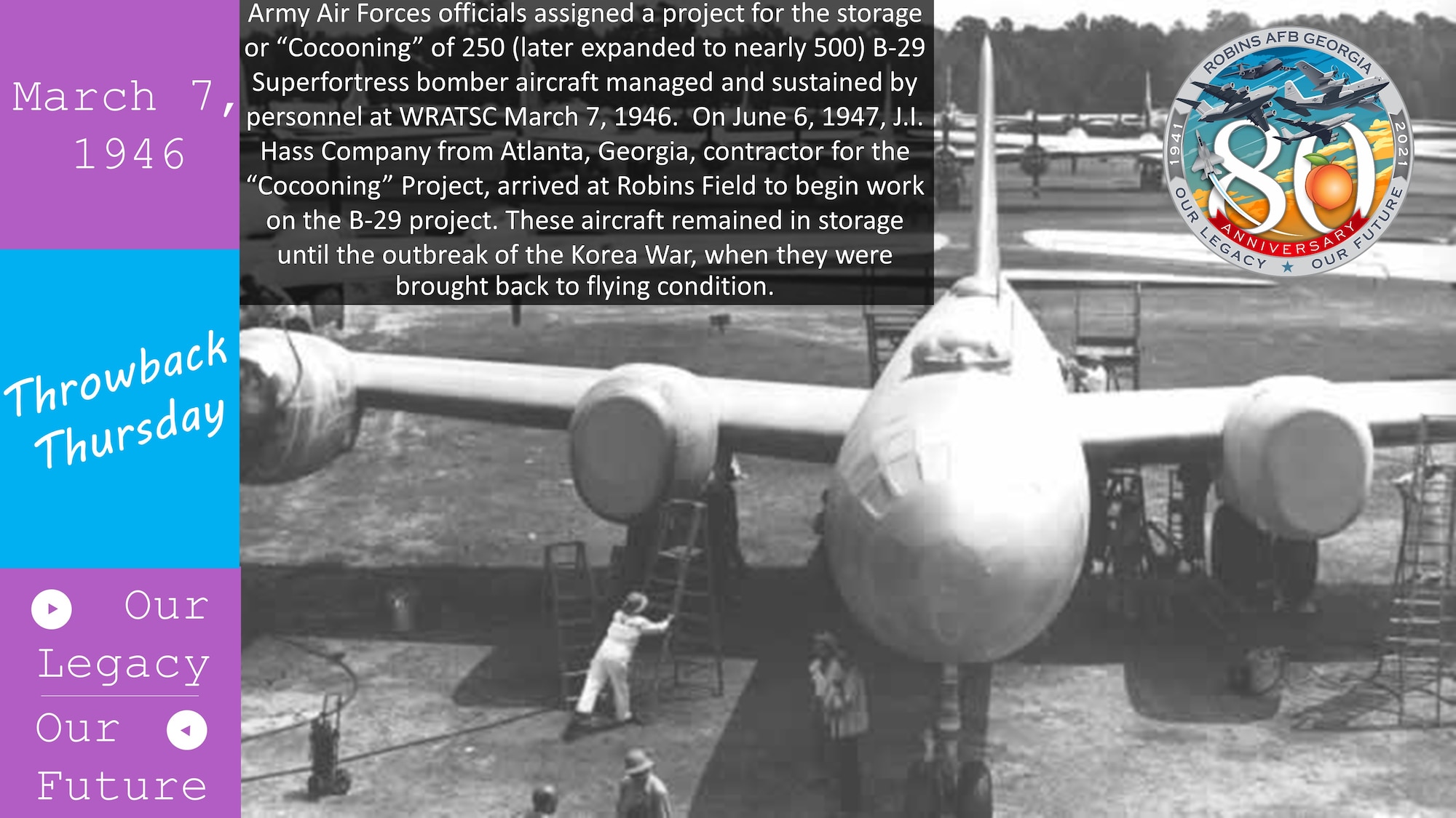 Graphic shows picture of B-29 aircraft being worked on.