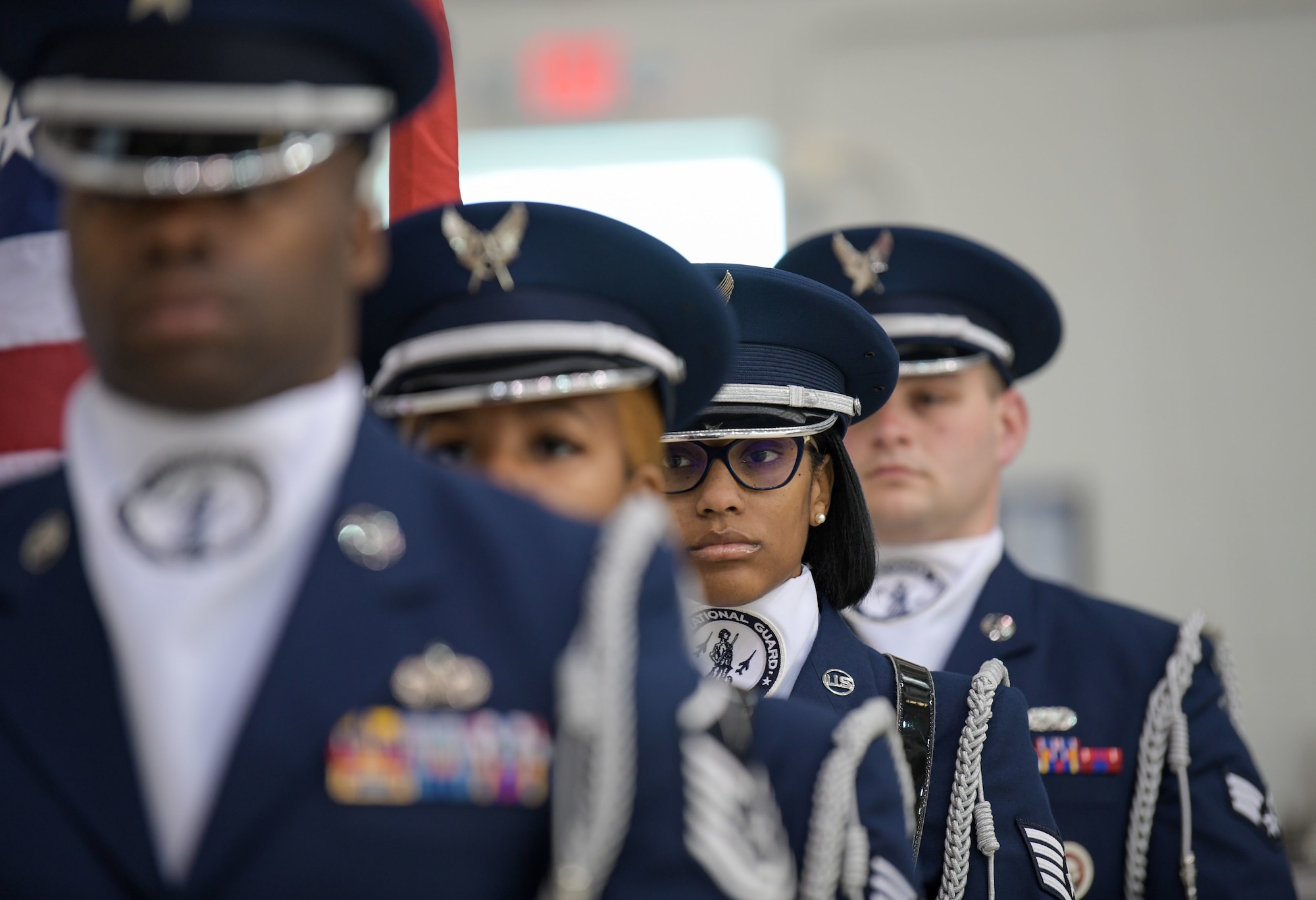 Airmen of the 172nd Airlift Wing Honor Guard stand ready to present the colors at the change of command ceremony at Thompson Field, Jackson, Mississippi, Feb. 6, 2022, welcoming Col. Britt A. Watson as the new wing commander of the 172nd.