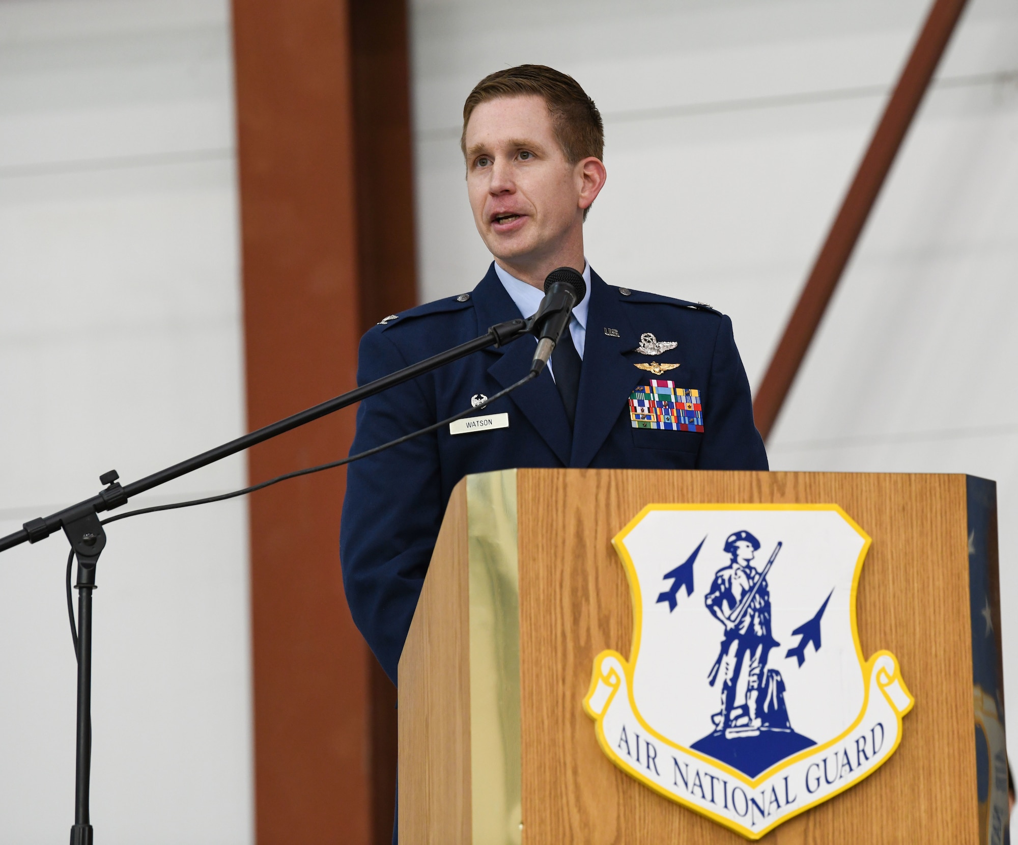Col. Britt A. Watson, the incoming commander of the 172nd Airlift Wing, speaks at the change of command ceremony for the 172nd Airlift Wing at Thompson Field, Jackson, Mississippi, Feb. 6, 2022.