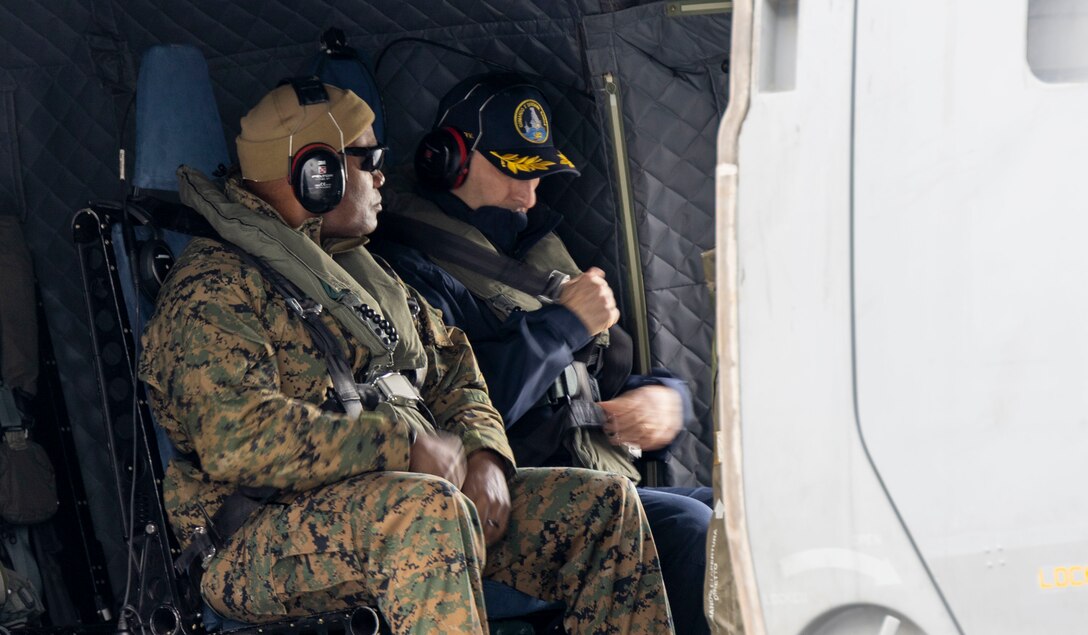 Italian Navy Contrammiraglio Valentino Rinaldi and U.S. Marine Corps Brig. Gen. Anthony Henderson, commanding general of 2d Marine Expeditionary Brigade, go for a tour of the training areas in an Italian MH101 prior to Exercise Cold Response 2022 on March 12, 2022 in Narvik, Norway. Exercise Cold Response '22 is a biennial Norwegian national readiness and defense exercise that takes place across Norway, with participation from each of its military services, as well as from 26 additional North Atlantic Treaty Organization allied nations and regional partners. (U.S. Marine Corps photo by Pfc. Yiram Suarez Felix)