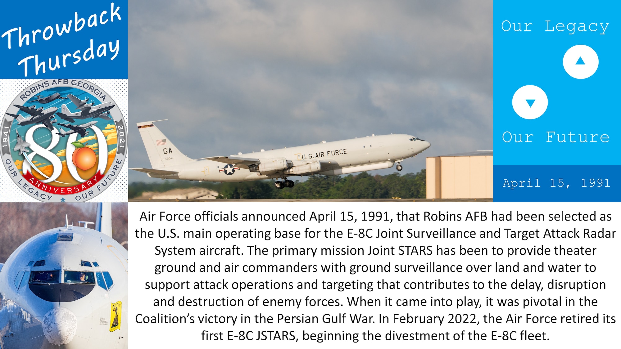 Graphic shows photos of an E-8C JSTARS aircraft taking off and the looking into the cockpit of an E-8C JSTARS aircraft.