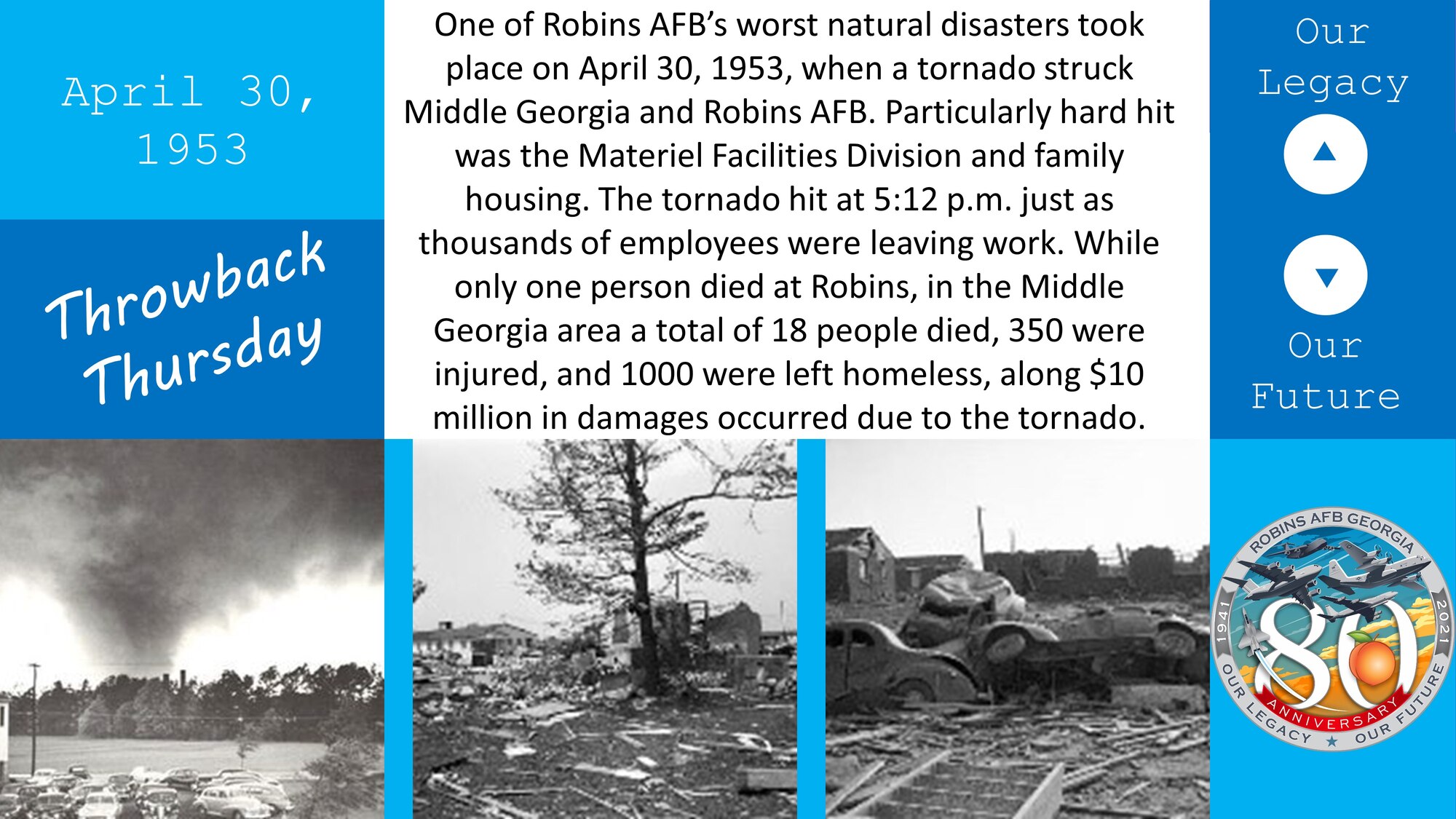 Graphic shows photos of tornado destruction among buildings and vehicles and also shows photo of tornado behind trees.