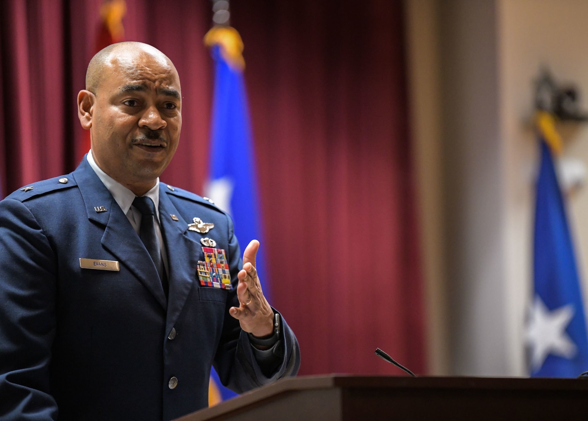 Brig. Gen. Edward H. Evans, Jr., chief of staff, Mississippi Air National Guard, and the first Mississippi Air National Guard member to be promoted to the rank of brigadier general, addresses the crowd during his promotion ceremony at Mississippi National Guard Joint Force Headquarters, Jackson, Mississippi, March 5, 2022.