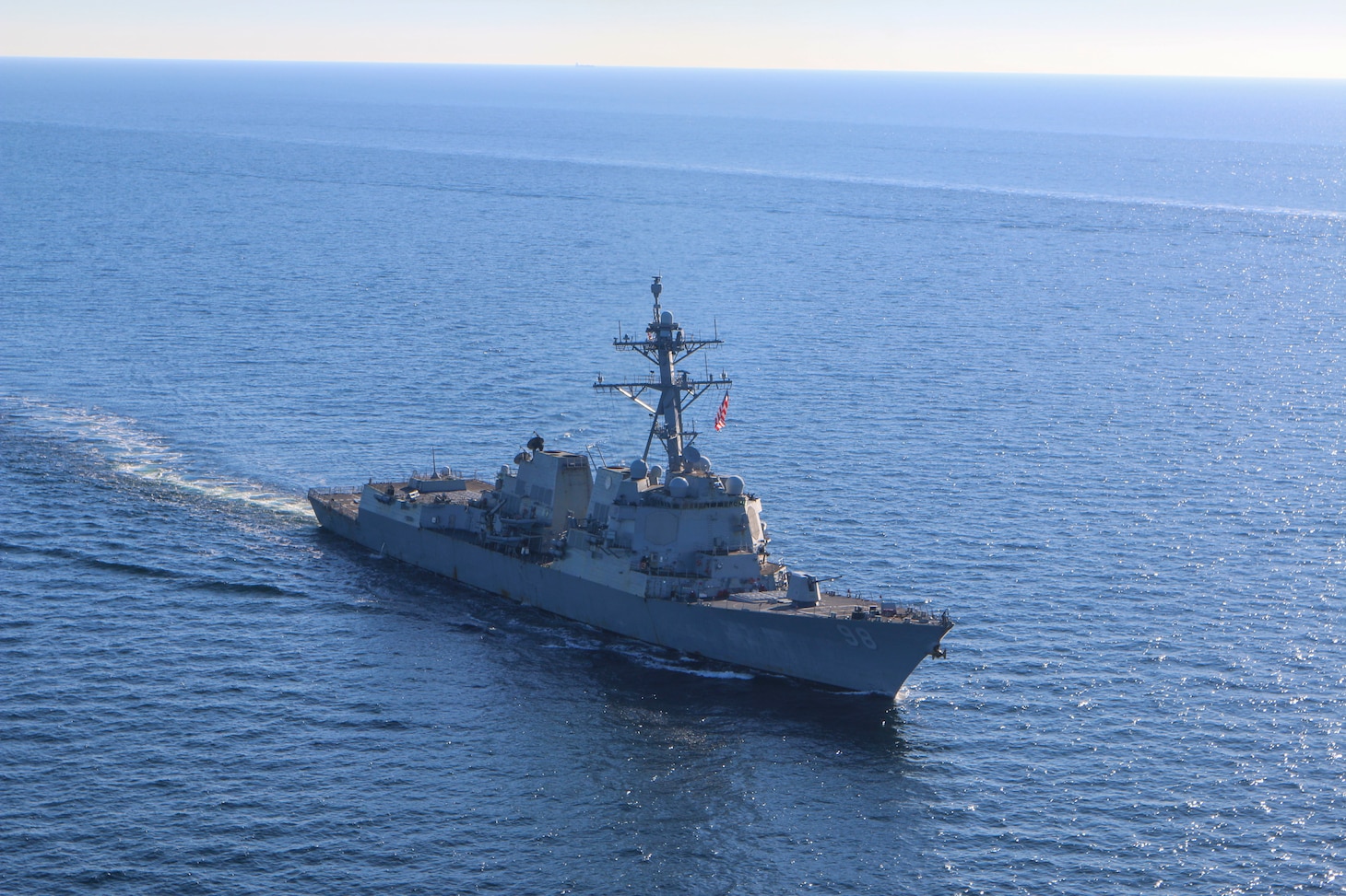 The Arleigh Burke-class guided-missile destroyer USS Forrest Sherman (DDG 98) conducts maneuvering drills in the Baltic Sea, March 9. Forrest Sherman is deployed to the European theater of operations and participating in a range of maritime activities in support of U.S. Sixth Fleet and NATO Allies. (U.S. Navy photo by Naval Air Crewman (Helicopter) 2nd Class Reuben Richardson)