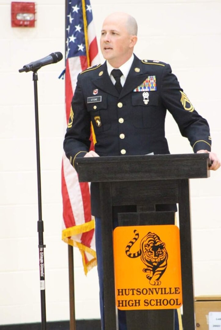 Illinois Army National Guard Sgt. 1st Class David Allen Stone of Robinson, Illinois, addresses Hutsonville High School students during their Veterans Appreciation Day event on Nov. 10, 2021.