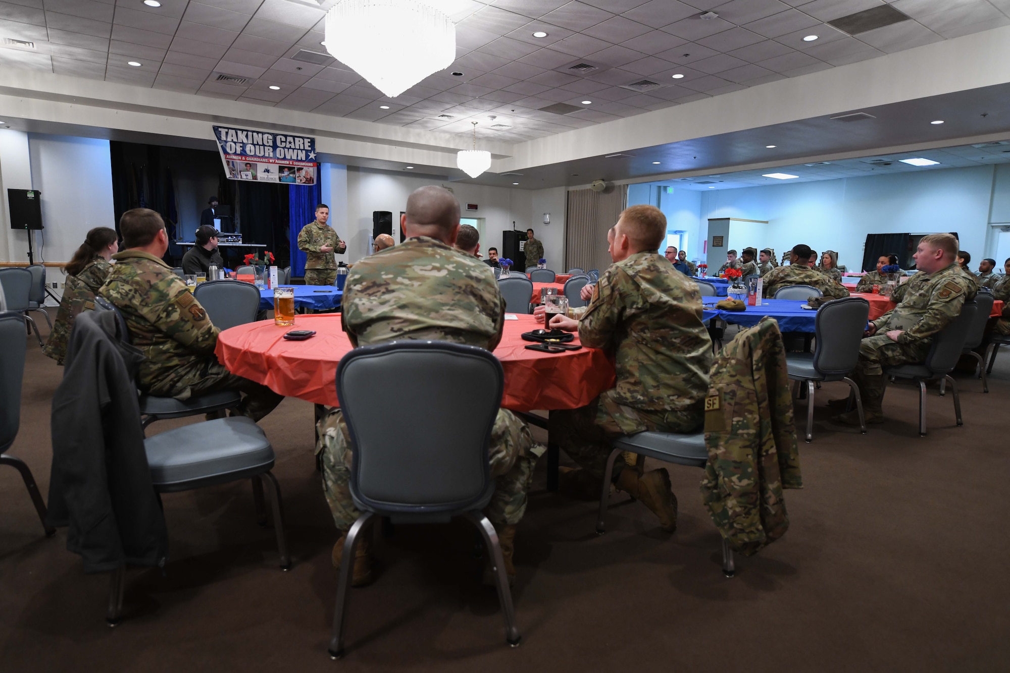 Master Sgt. Matthew Noble, 90th Security Forces Group superintendent of the plans and programs division, briefs at the 90th Missile Wing 2022 Air Force Assistance Fund kickoff on F.E. Warren Air Force Base, Wyoming, March 11, 2022. AFAF is an annual effort to raise funds for the charities that provide support to Air Force members in need, including active duty, retirees, reservists, guard, dependents and surviving spouses.