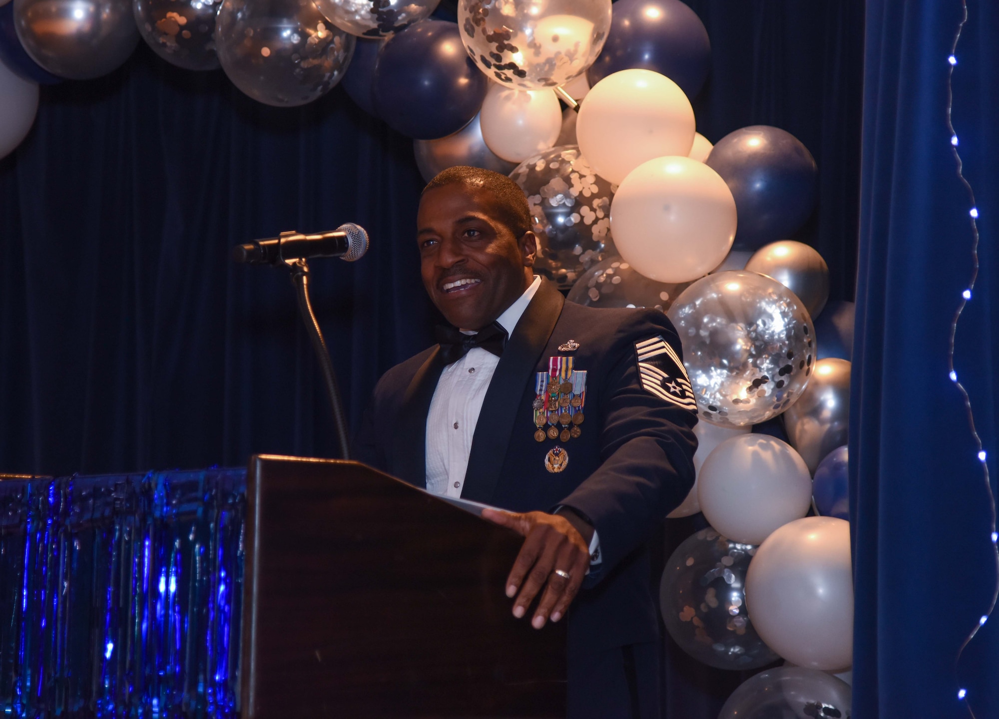 U.S. Air Force Chief Master Sgt. Christopher Hurst, 21st Mission Support Group superintendent, served as the guest speaker for the Annual Awards Banquet at Peterson Space Force Base, Colorado, Mar. 11, 2022.
