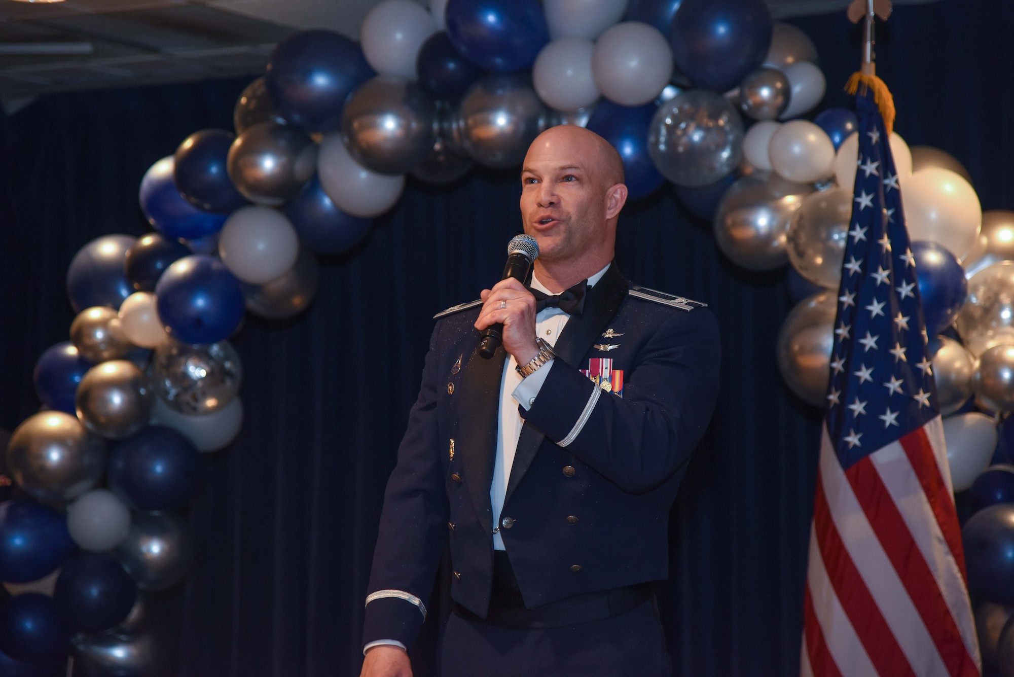 U.S. Air Force Col. Shay Warakomski, Peterson-Schriever Garrison commander, thanks audience members for attending the Annual Awards Banquet and supporting the winners of the awards at Peterson Space Force Base, Colorado, Mar. 11, 2022.