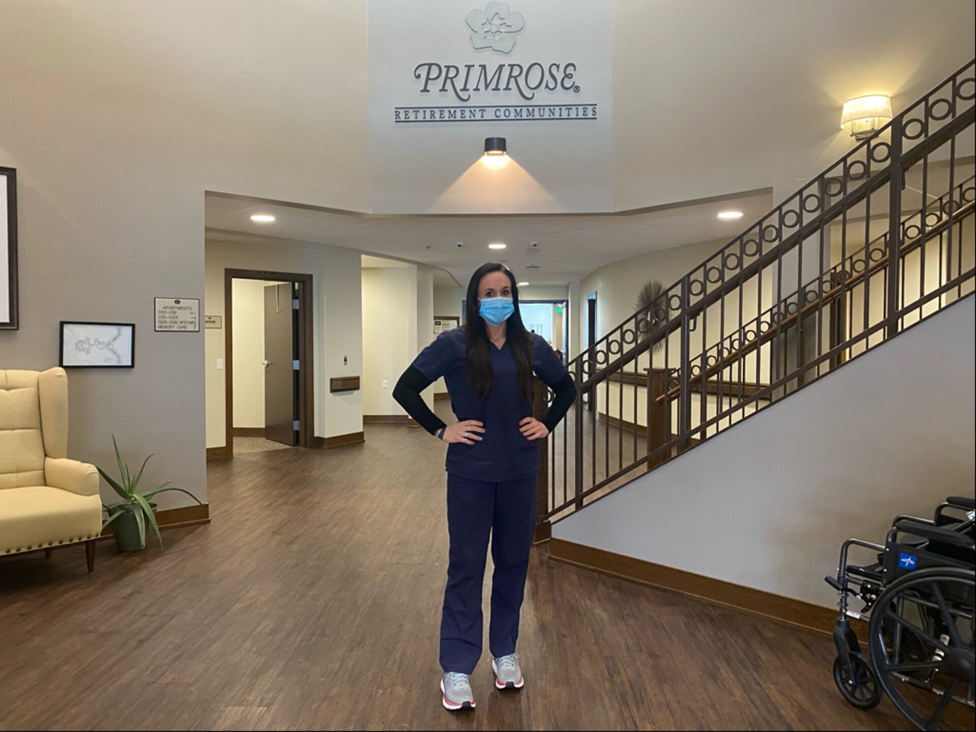 U.S. Air Force Senior Airman Tiffany McPherson, an Aircrew Flight Equipment specialist assigned to the 127th Wing, Selfridge Air National Guard Base, Michigan, poses for a portrait at Primrose Retirement Community of Midland, Michigan, March 7, 2022. McPherson recently volunteered to receive training and serve as a certified nursing assistant to offset the ongoing healthcare staffing shortage the state faces as it continues to respond to COVID-19 and the basic health needs of residents (Courtesy photo).