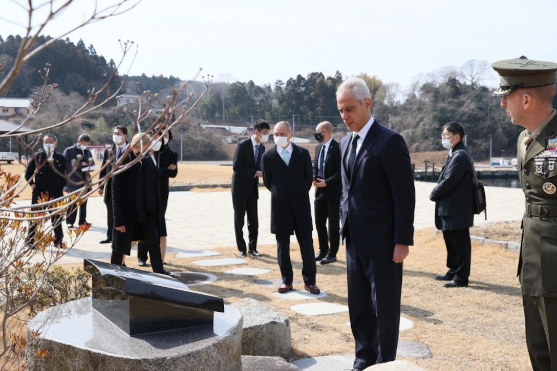 The U.S. Ambassador to Japan Rahm Emanuel, Marines of the 3rd Marine Expeditionary Brigade and U.S. Embassy Tokyo, along with family members and survivors of the 3.11.11 Great East Japan Earthquake, tsunami and nuclear disaster visit a memorial in Oshima dedicated to the relationship between the residents of the island and the U.S. Marine Corps in Kesennuma, Oshima, Japan March 11, 2022. The visit marked the 11-year anniversary of the disaster and subsequent relief response Operation Tomodachi. (Courtesy photo by U.S. State Dept. photographer)