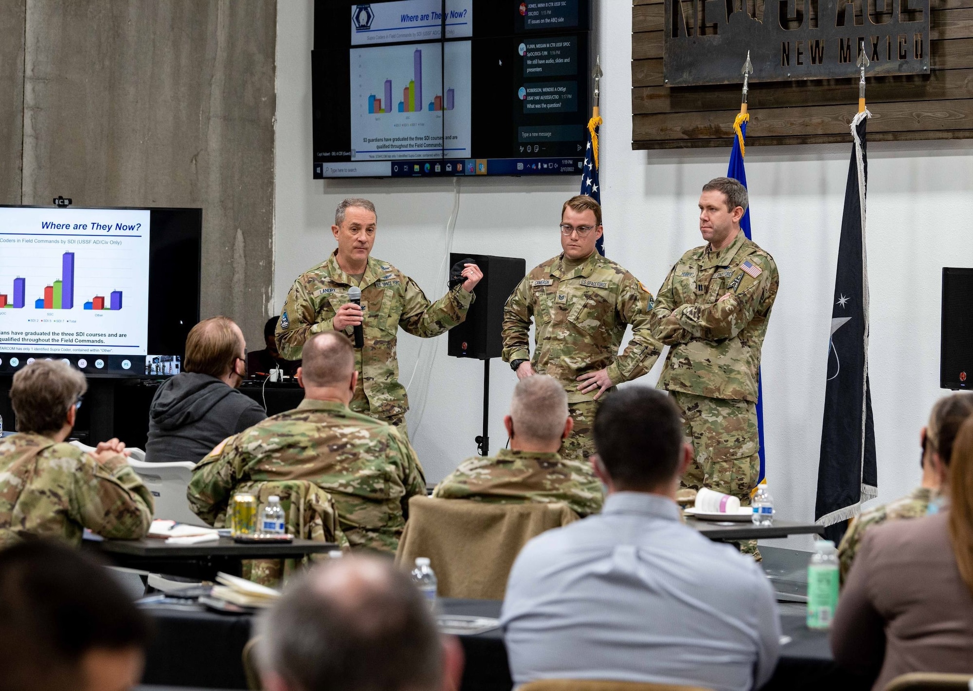 Col. Stephen Landry, director of the Space Force Integration & Digital Transformation office, discusses the Space Force coders creation of innovative, cutting-edge software to enhance warfighter capabilities at the final day of the Delta Innovation Summit held in February at the NewSpace New Mexico’s Unite & Ignite Space LaunchPad, a co-innovation hub with AFRL, in Albuquerque, N.M. Joining him are space operators Tech. Sgt. Robert Cameron and Capt. Scott Hubert. (U.S. Air Force photo/Allen Winston)