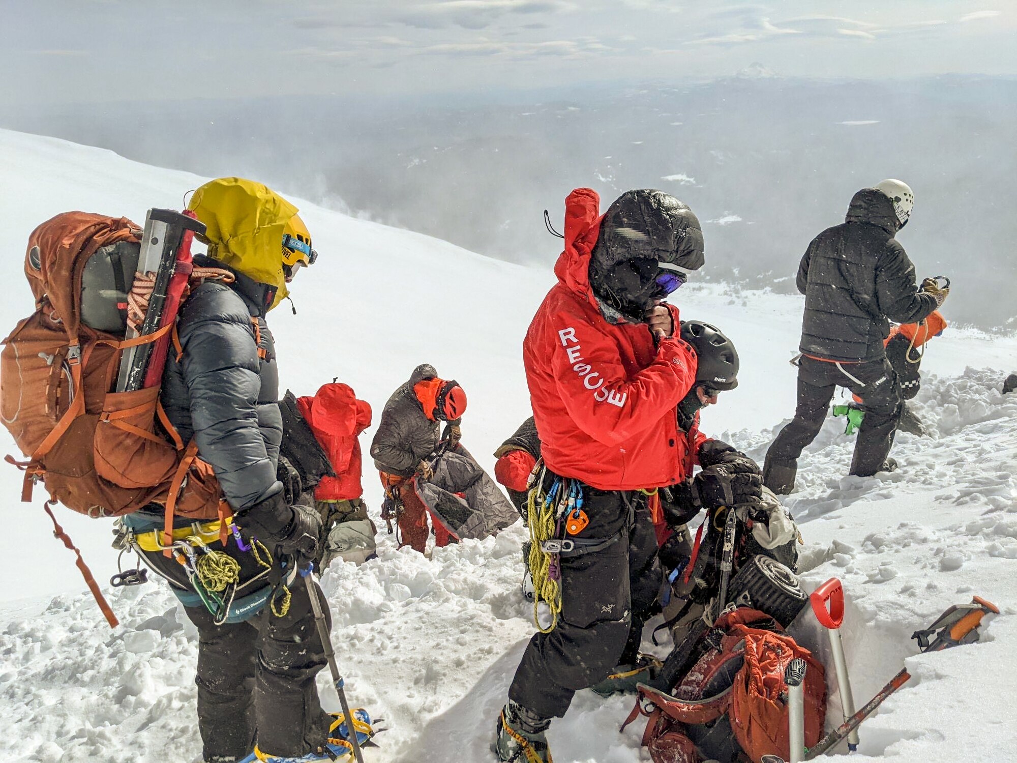 The 304th Rescue Squadron participates in a multi-team search-and-rescue mission in challenging conditions after two limbers fell approximately 200 feet in the Leuthold Couloir area of Mt. Hood. The 304th RQS trains and equips combat rescue officers, pararescue Airmen, and support personnel to plan, lead, and conduct military rescue operations.