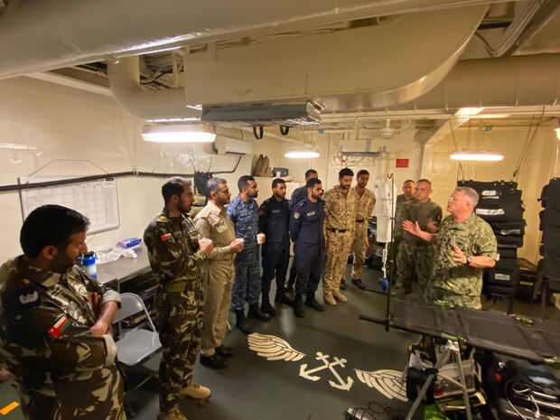 220301-N-NO146-1001 GULF OF OMAN (March 2, 2022) – Members of a multinational boarding team conduct a subject-matter-expert exchange aboard expeditionary sea base USS Lewis B. Puller (ESB 3) in the Gulf of Oman, March 2. Participants included forces from Bahrain, Oman, Saudi Arabia, the United Arab Emirates and the United States.