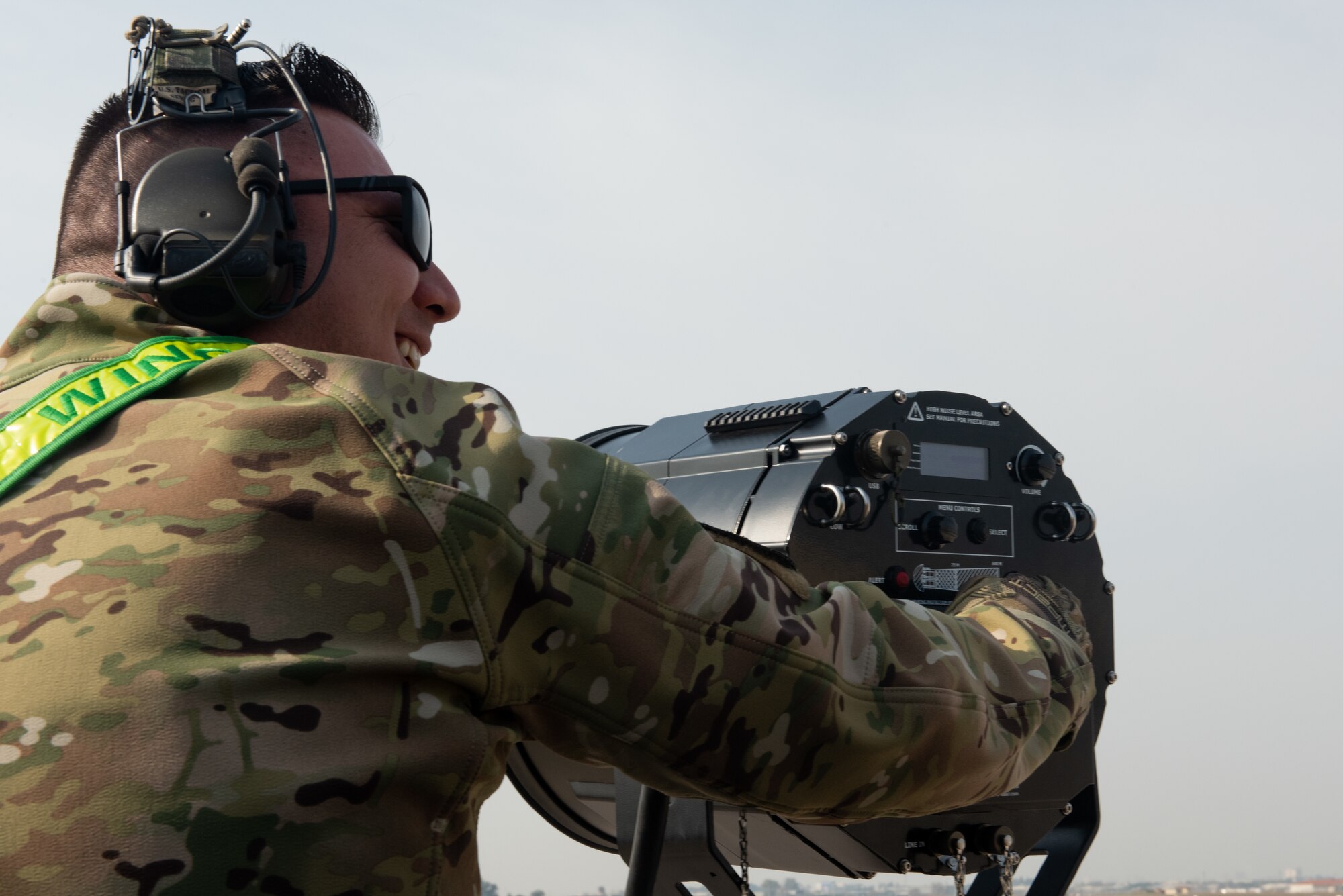 Master Sgt. Steve Floyd, 39th Air Base Wing Safety Office flight safety noncommissioned officer, turns on the speaker used in bird aircraft strike hazard mitigation operations at Incirlik Air Base, Turkey, Feb. 18, 2022. The Wing Safety Office is comprised of three sections (occupational, weapons and flight) that work together to assess risk, monitor trends, and prevent accidents. They also ensure industrial, weapons, and flight safety standards meet mission requirements in support of Wing, United States Air Forces in Europe-Air Forces Africa command, and Department of Defense objectives. (U.S. Air Force photo by Airman 1st Class Brandt Self)