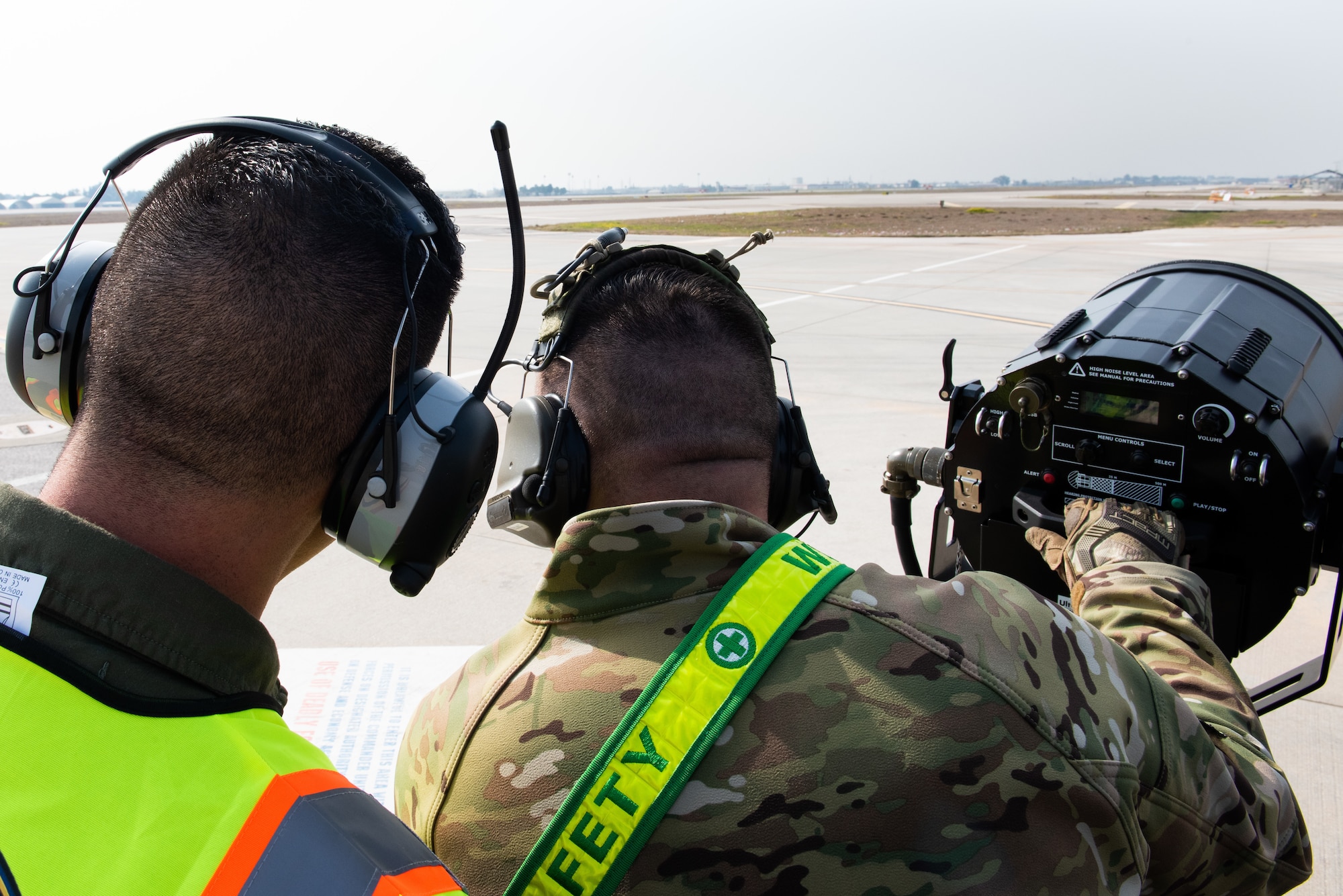Lt. Col. Andrew Baer (left), 39th Air Base Wing chief of safety, and Master Sgt. Steve Floyd, 39th Air Base Wing Safety Office flight safety noncommissioned officer, practice bird aircraft strike hazard mitigation procedures at Incirlik Air Base, Turkey, Feb. 18, 2022. The Wing Safety Office is comprised of three sections (occupational, weapons and flight) that work together to assess risk, monitor trends, and prevent accidents. They also ensure industrial, weapons, and flight safety standards meet mission requirements in support of Wing, United States Air Forces in Europe-Air Forces Africa command, and Department of Defense objectives. (U.S. Air Force photo by Airman 1st Class Brandt Self)