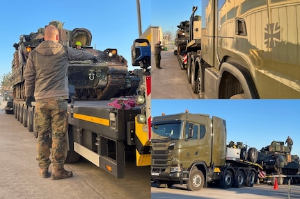 A U.S. Army Bradley fighting vehicle is loaded onto a German army Heavy Equipment Transporter at Coleman worksite in Mannheim, Germany. Elements from Germany armed forces’ Bundeswehr Logistics Command recently certified their HETs using 405th Army Field Support Brigade Army Preposition Stocks-2 at Coleman worksite. These newly acquired German HETs, are helping to deliver APS-2 vehicles and equipment from Coleman worksite to Grafenwoehr, Germany, where the APS-2 is being issued to the 1st Armored Brigade Combat Team, 3rd Infantry Division, deployed to Germany from the U.S. This combined U.S.-German mission shows great solidarity and mutual cooperation, and demonstrates a combined strong and unremitting commitment to NATO Allies and partners. (Photo by Jason Todd)