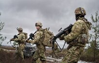 U.S. Army Soldiers assigned to the 2d Cavalry Regiment, take part in multinational training during Saber Strike 22 at Camp Adazi, Latvia, March 7, 2022. Saber Strike is designed to enhance interoperability with our NATO allies and strengthen regional relationships that we have developed. Saber Strike allows NATO allies to connect personally, professionally, technically, and tactically to create synergistic effects and a more proficient multi-national combat force. (U.S. Army photo by Staff Sgt. Thomas Mort)
