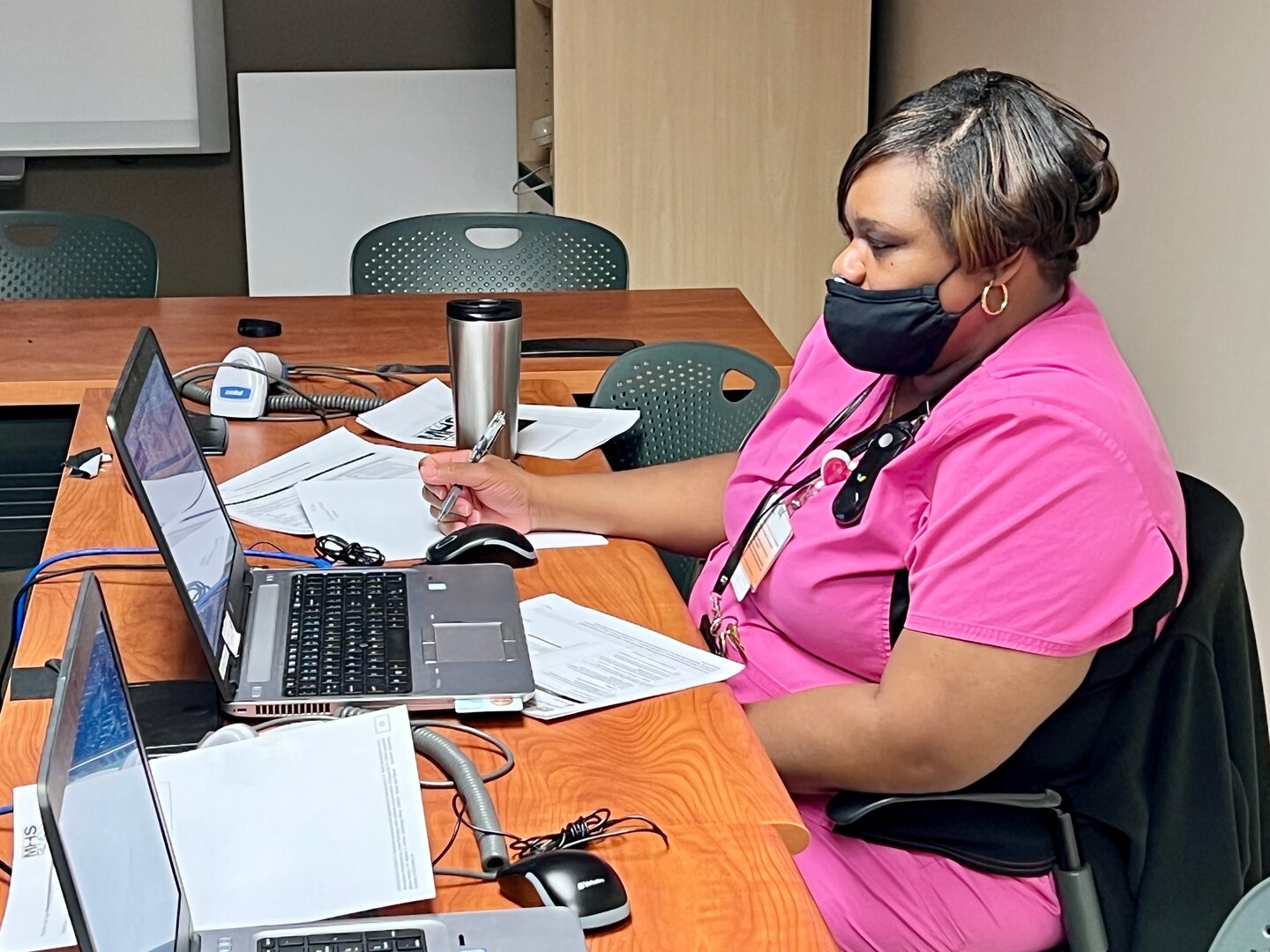 Shenita Barnes, medical service assistant for the Bayne-Jones Army Community Hospital OB/GYN clinic takes advantage of the MHS GENESIS learning lab March 10 at the Joint Readiness Training Center and Fort Polk.