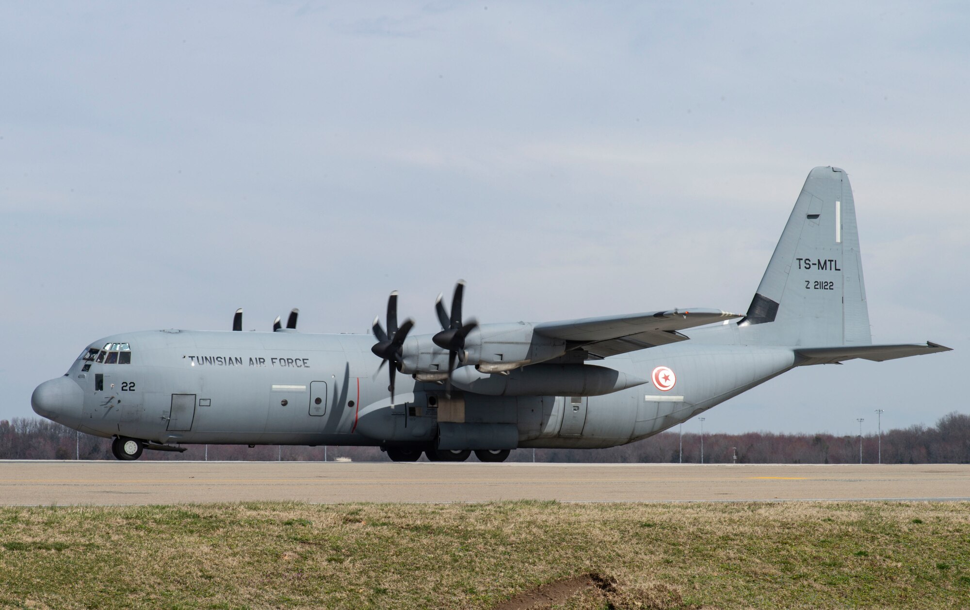 A Tunisian air force C-130J Super Hercules taxis to a parking spot after landing at Dover Air Force Base, Delaware, March 10, 2022. The U.S. and Tunisia have enjoyed strong diplomatic relations for over 200 years, beginning when the two countries signed the Treaty of Peace and Friendship in 1797. (U.S. Air Force photo by Roland Balik)