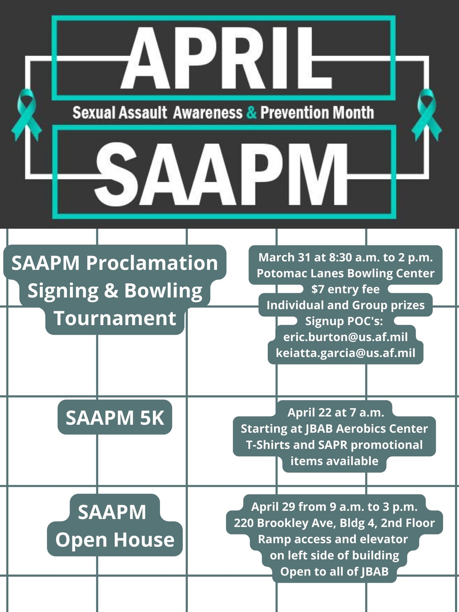 April is Sexual Assault Awareness and Prevention Month during which the Department of Defense focuses on creating the appropriate culture to eliminate sexual assault and requiring a personal commitment from all service members. Each year, the Joint Base Anacostia-Bolling Sexual Assault Prevention and Response team organizes events for members of Team JBAB to participate in. (U.S. Air Force graphic by Staff Sgt. Kayla White)