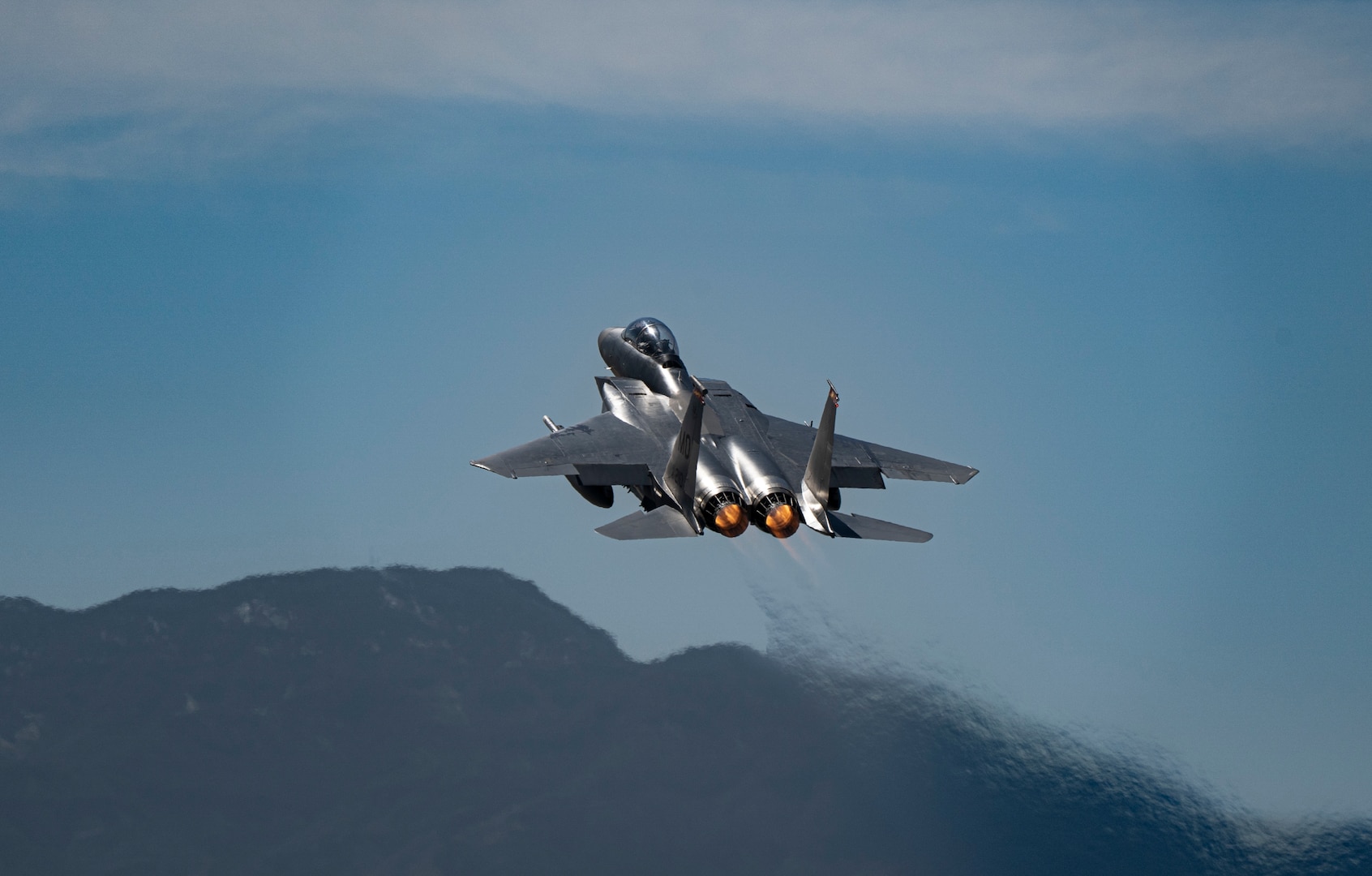 An F-15E Strike Eagle assigned to the 366th Fighter Wing, Mountain Home Air Force Base, Idaho, takes off for a Red Flag-Nellis 22-2 mission at Nellis Air Force Base, Nevada, March 9, 2022. The 414th Combat Training Squadron conducts Red Flag exercises to provide aircrews the experience of multiple, intensive air combat sorties in the safety of a training environment.