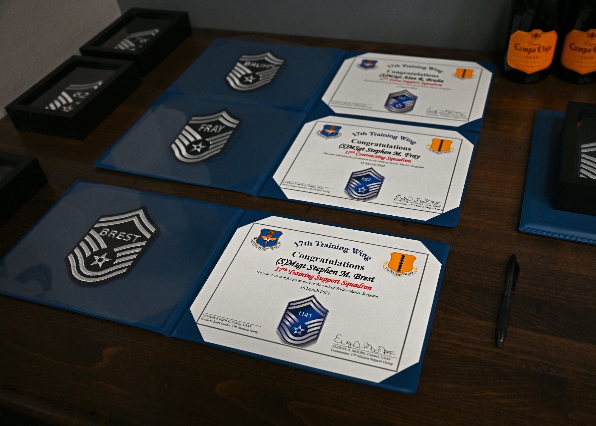 The senior master sergeant selectee’s promotion certificates are displayed in the Powell Event Center on Goodfellow Air Force Base, Texas, March 11, 2022. Out of 17,419 individuals eligible for promotion this year, only 1,443 individuals were selected for the rank of senior master sergeant. (U.S. Air Force photo by 2nd Lt. Steve Garrett)